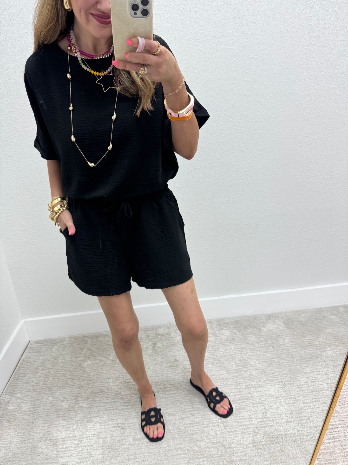 Black Two Piece Poly Short Set