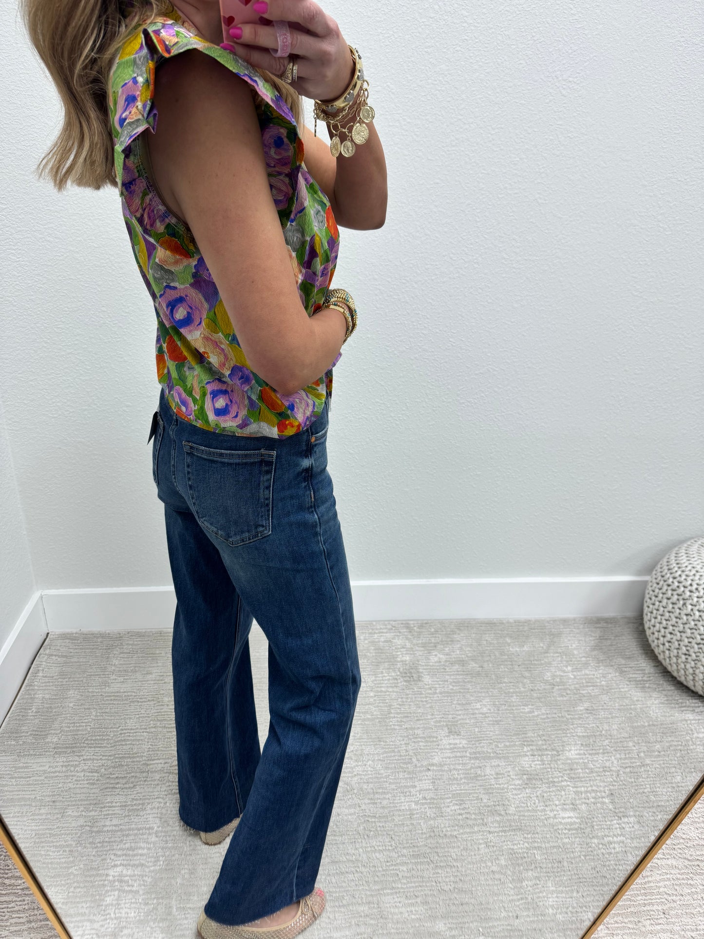 Green and Purple Floral Flutter Sleeve Top