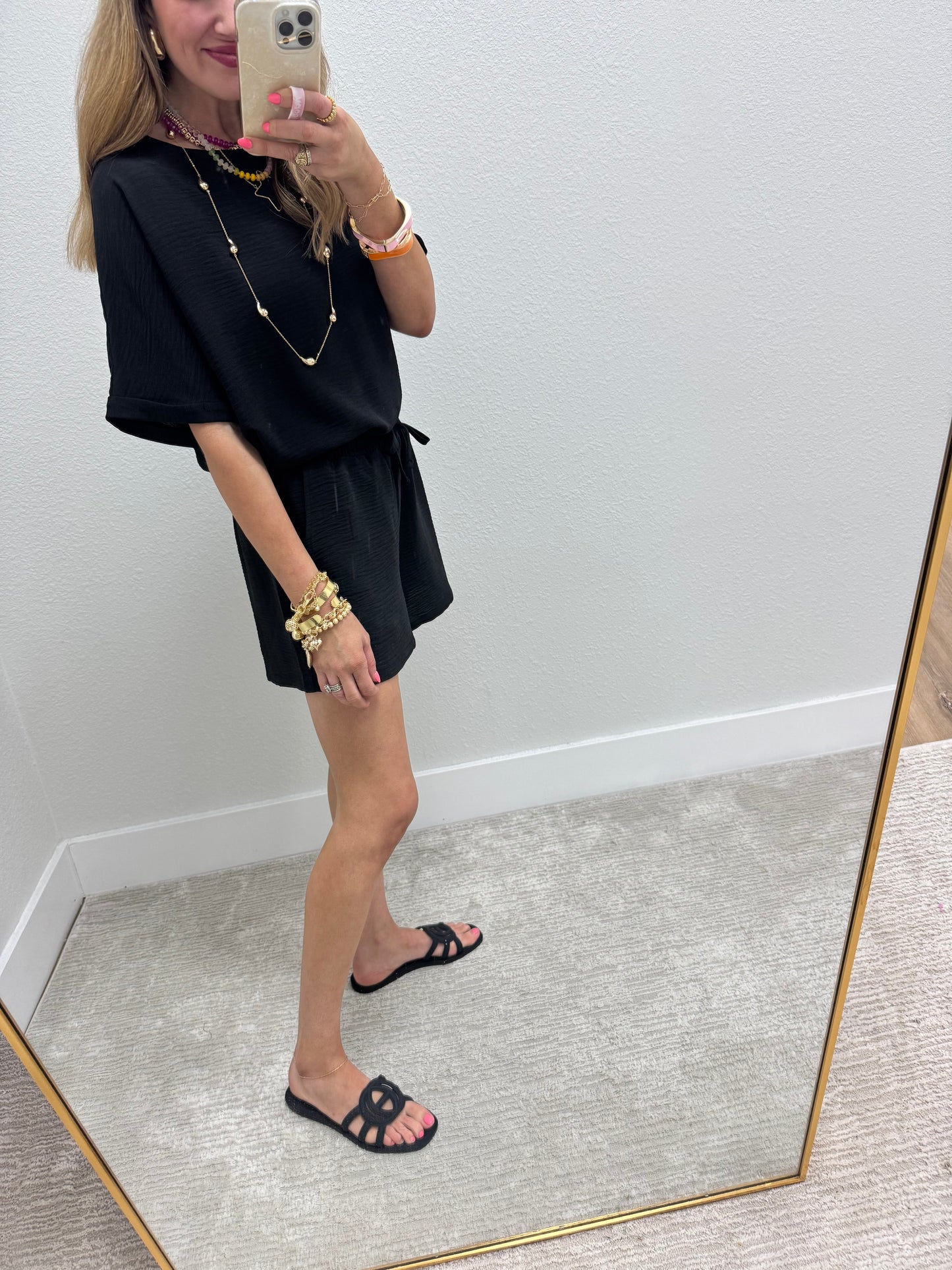 Black Two Piece Poly Short Set