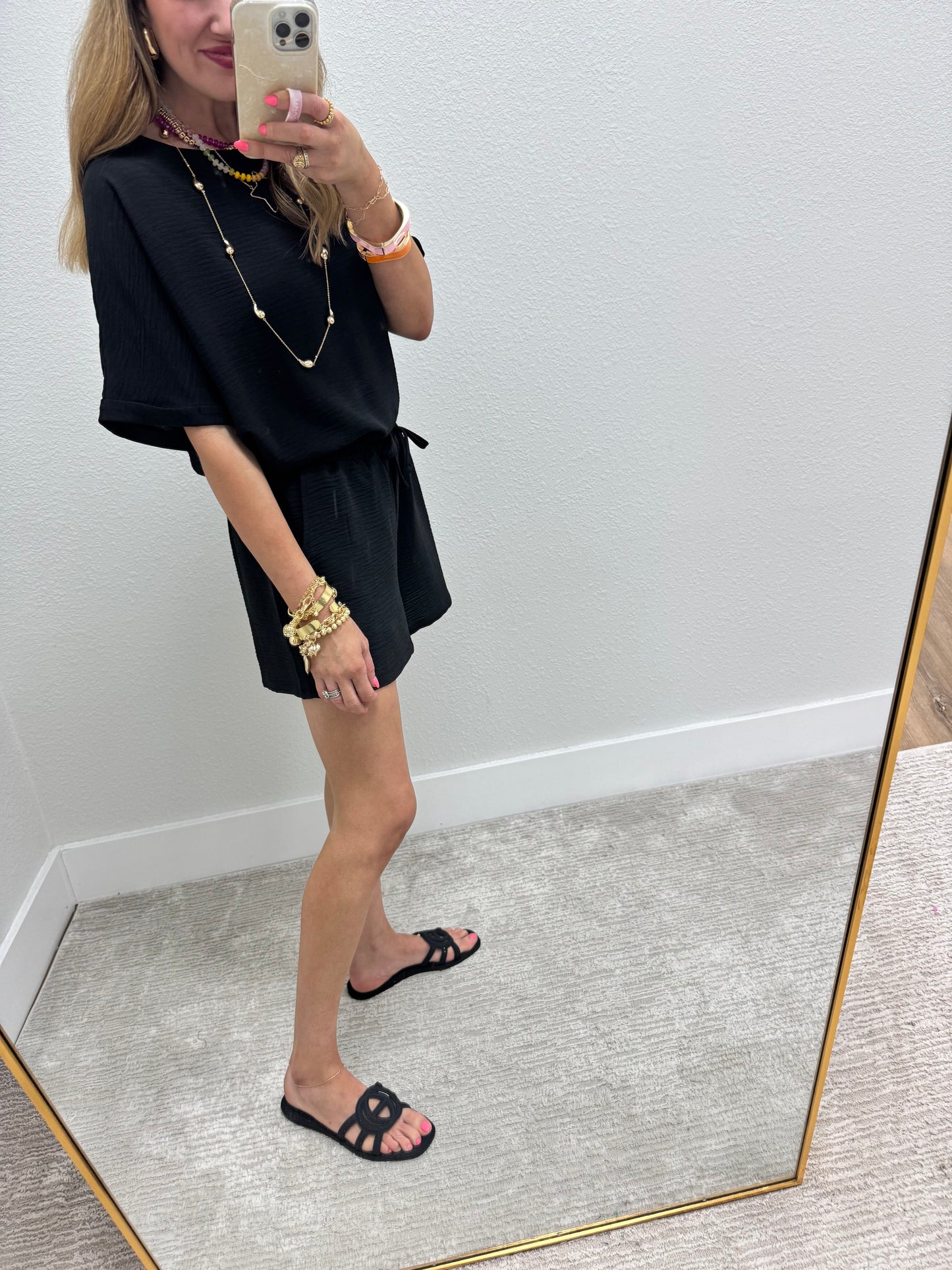 Black Two Piece Poly Short Set