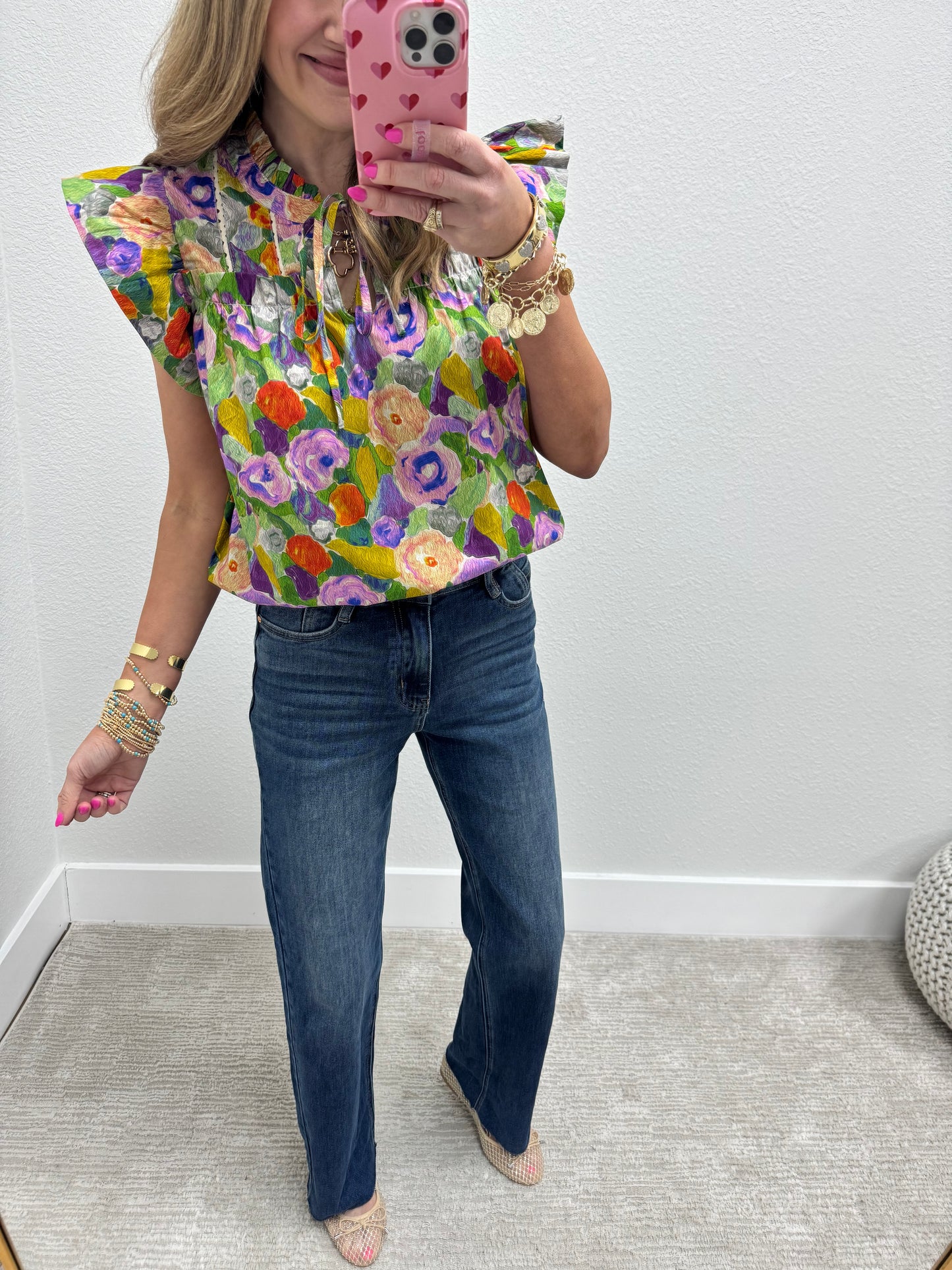 Green and Purple Floral Flutter Sleeve Top