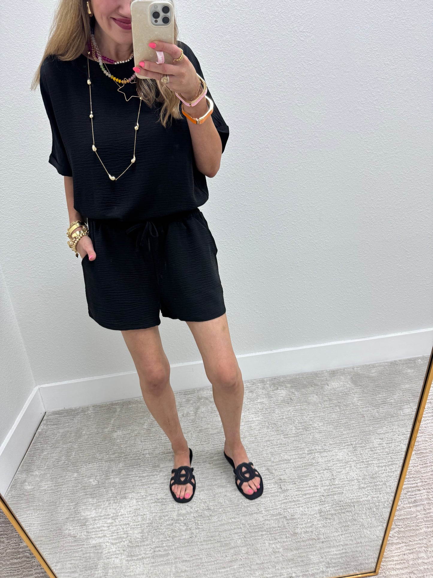 Black Two Piece Poly Short Set