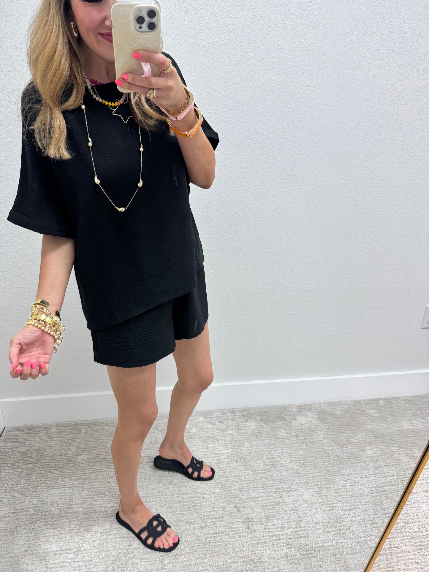 Black Two Piece Poly Short Set