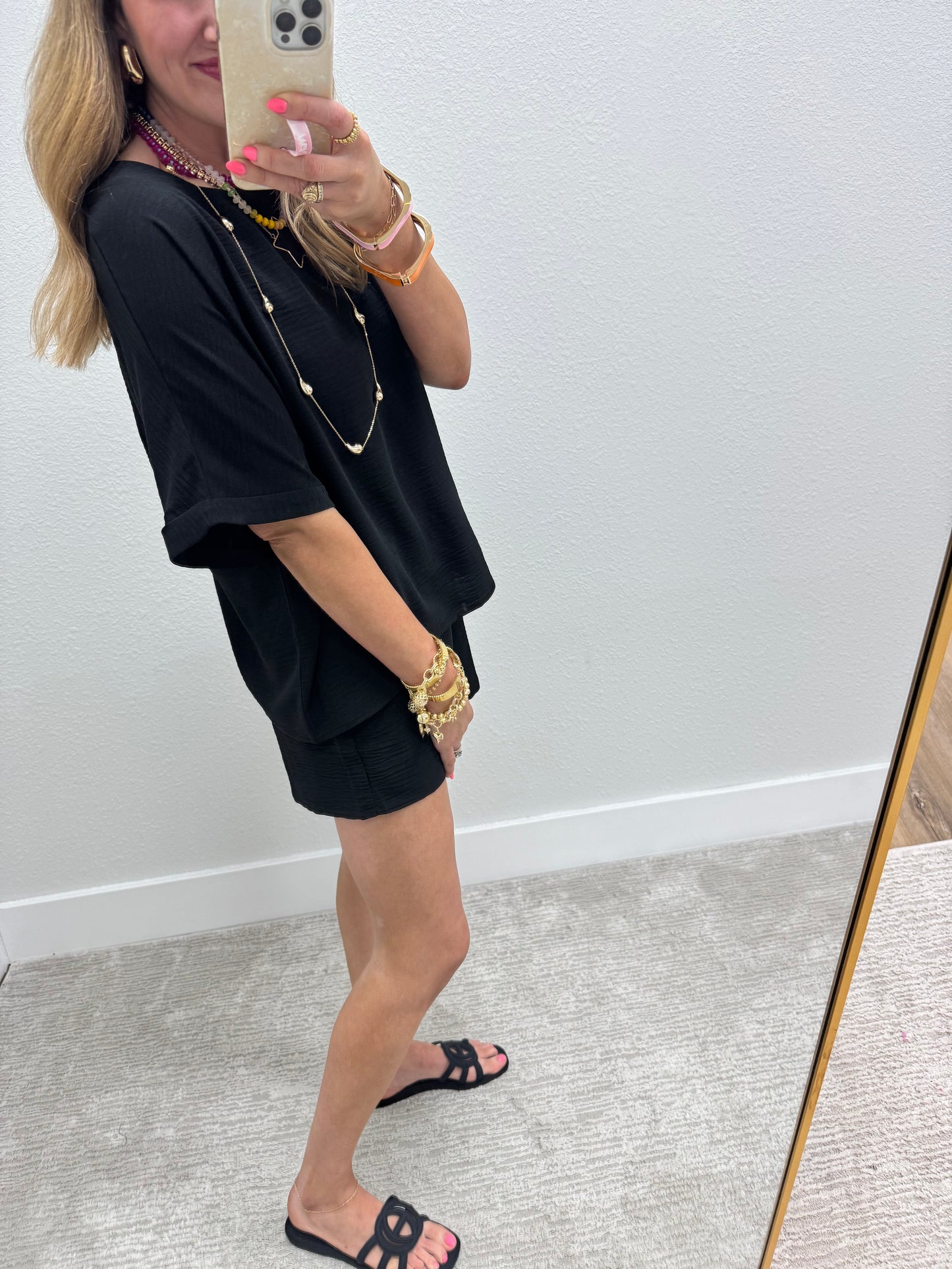 Black Two Piece Poly Short Set