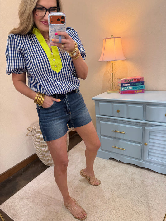 Indigo Checkered Ruffle Neck Detail Button Top