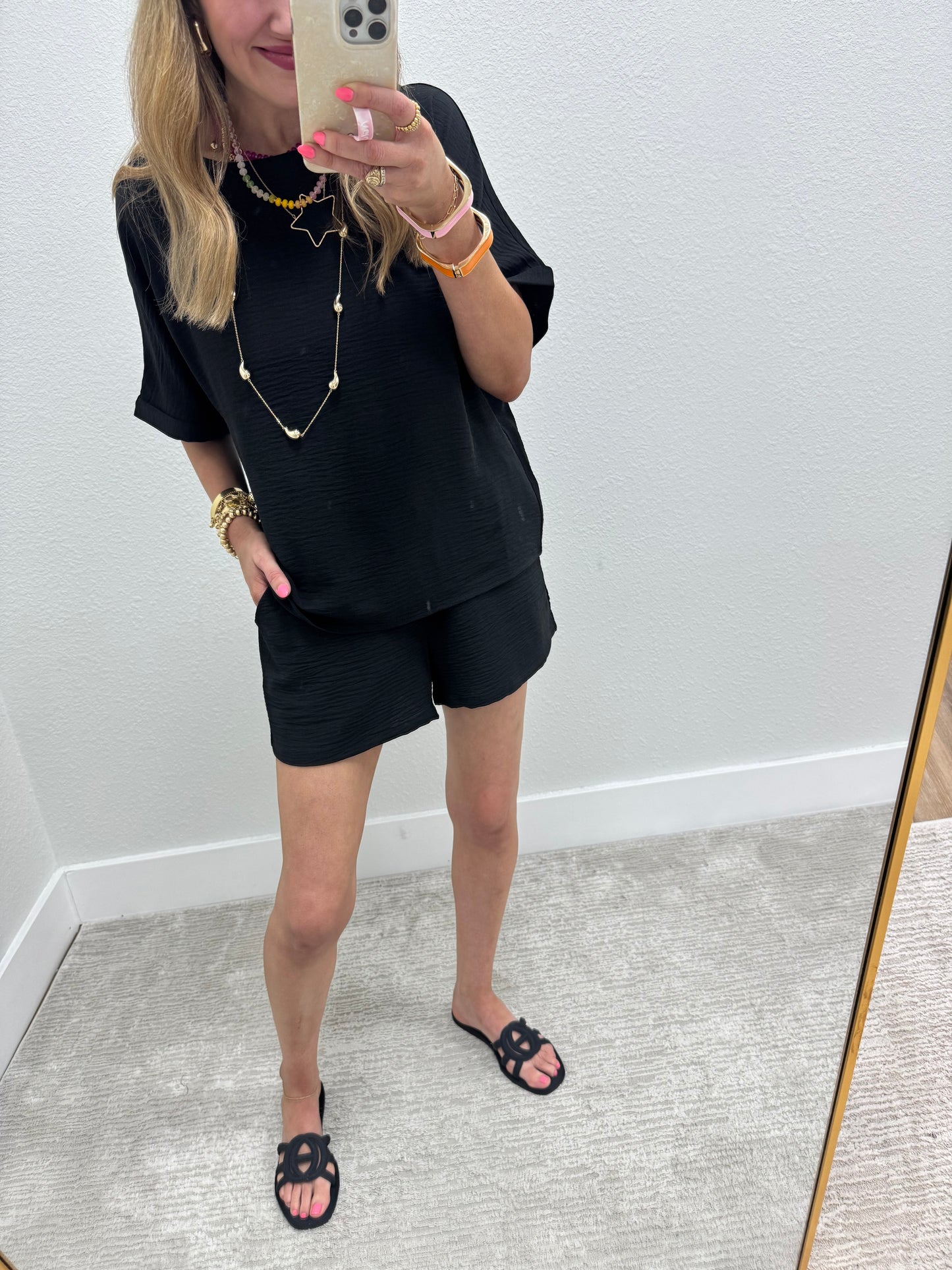 Black Two Piece Poly Short Set