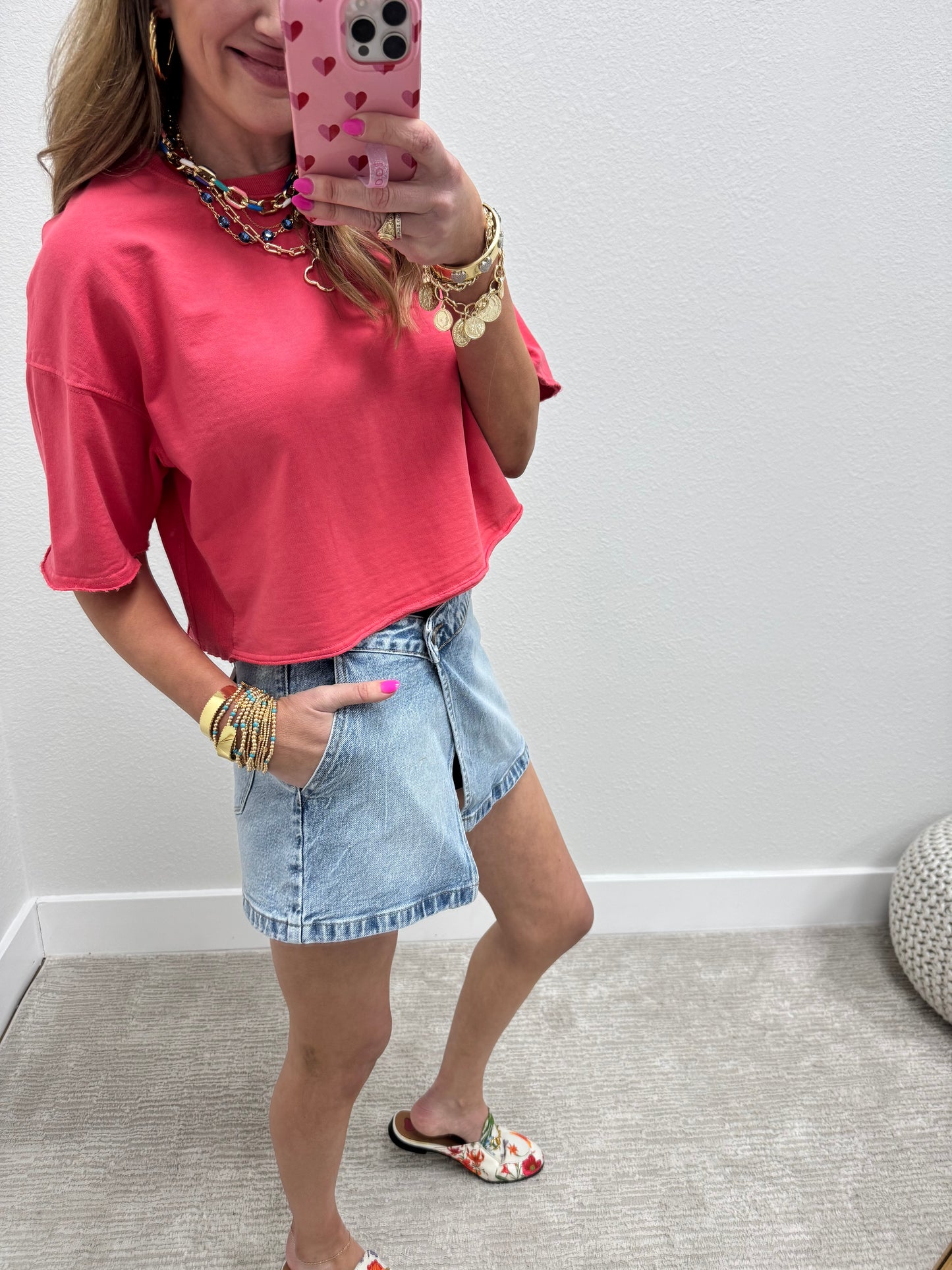 Coral Crop Raw Edge French Terry Short Sleeve