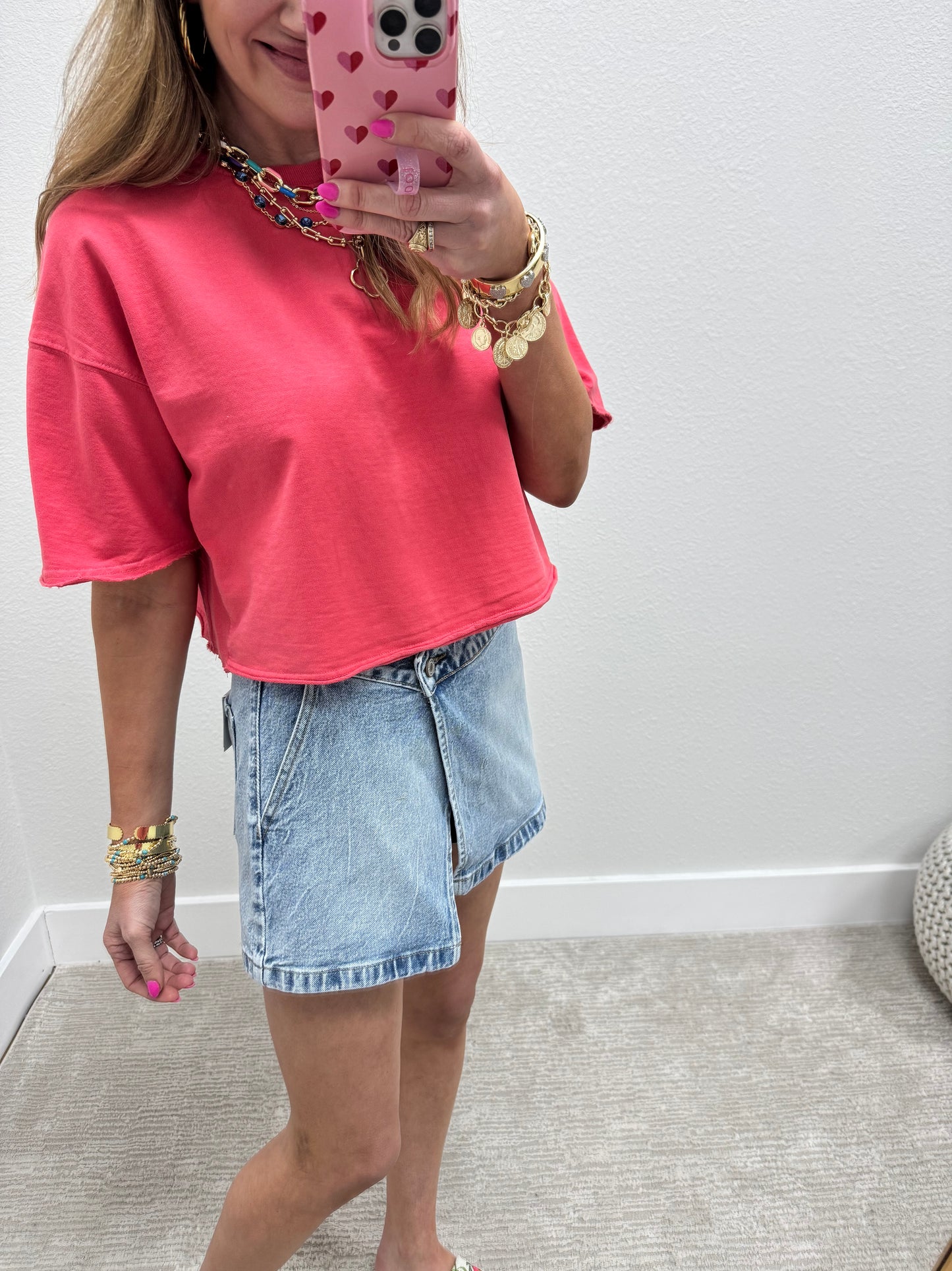 Coral Crop Raw Edge French Terry Short Sleeve
