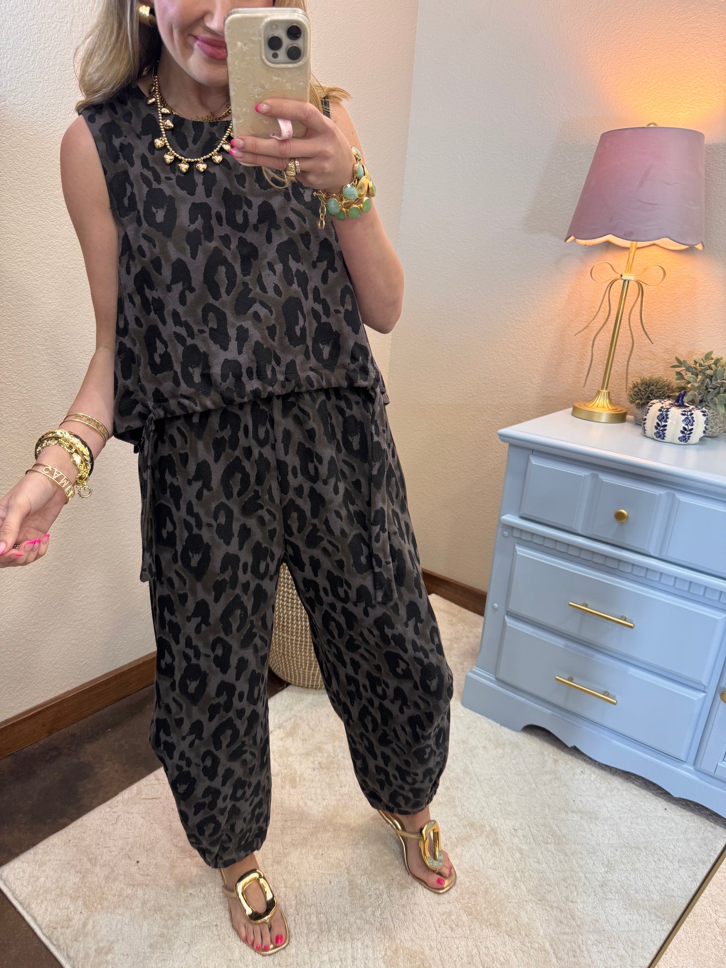 Leopard Printed Soft Knit Crew Neck Pant Set