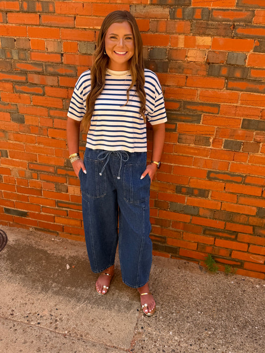 Denim Elastic Waist Pants With Oversized Pockets