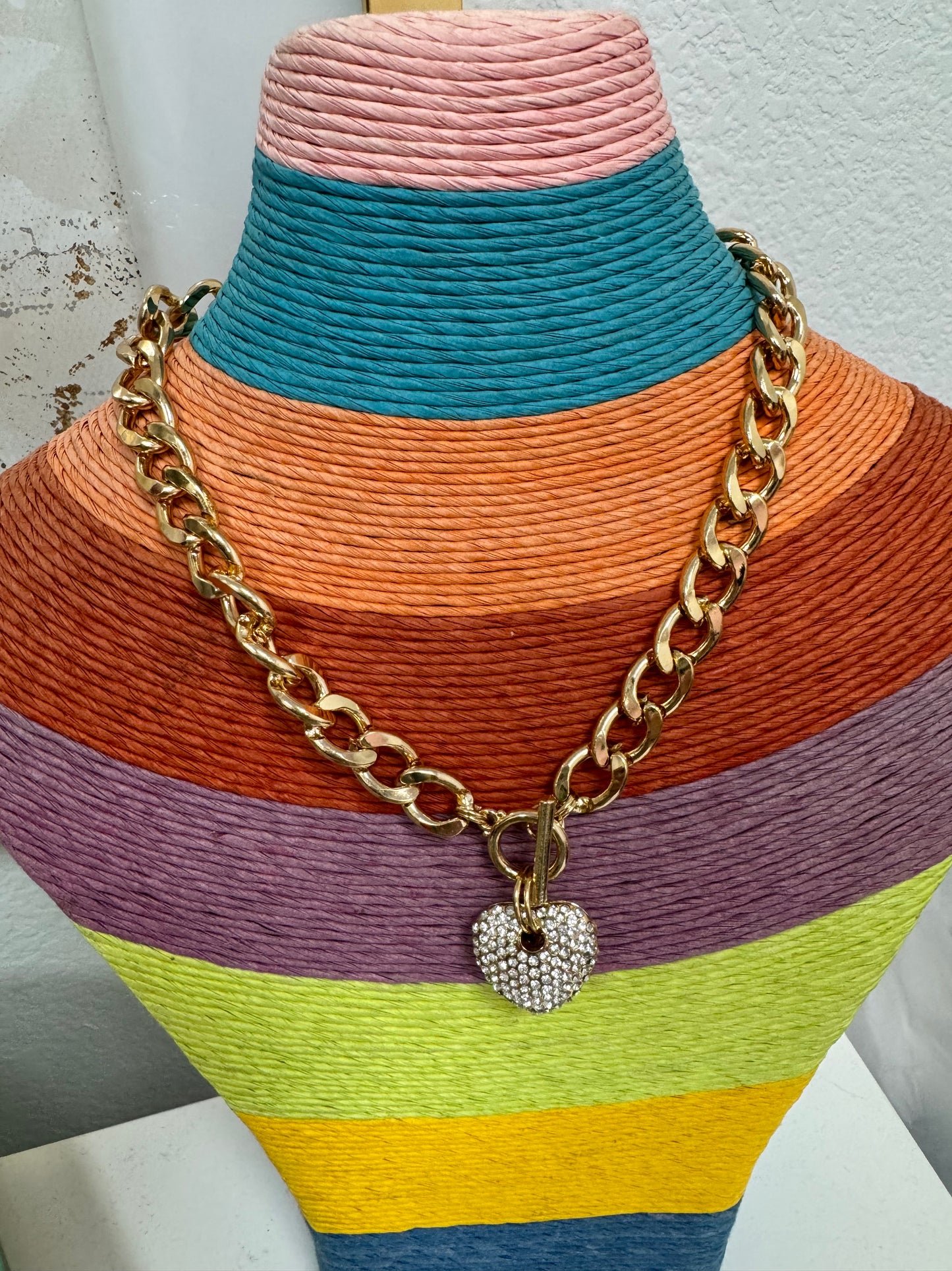 Crystal Heart Front Clasp Link Necklace FS