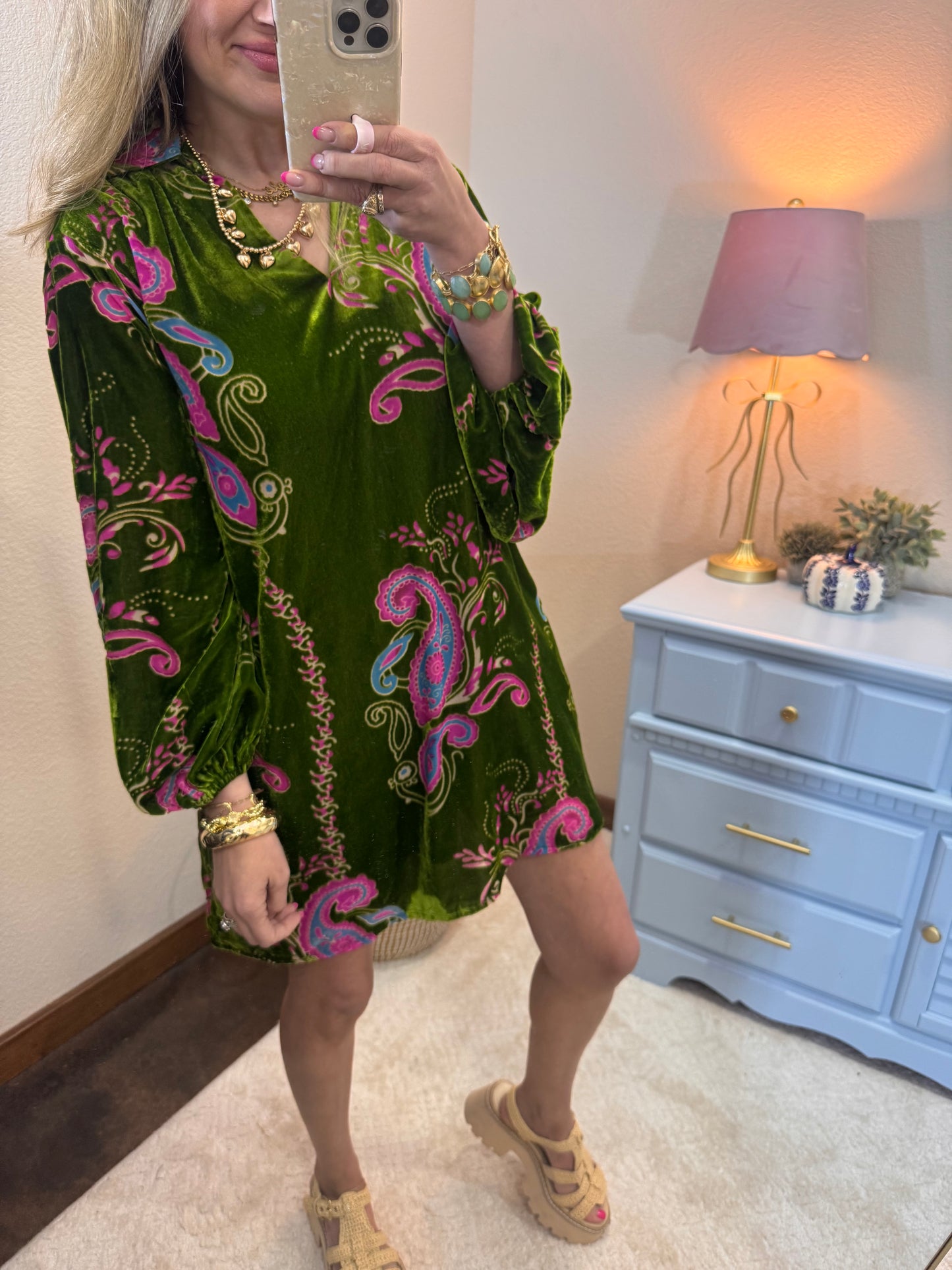 Paisley Print Velvet Dress