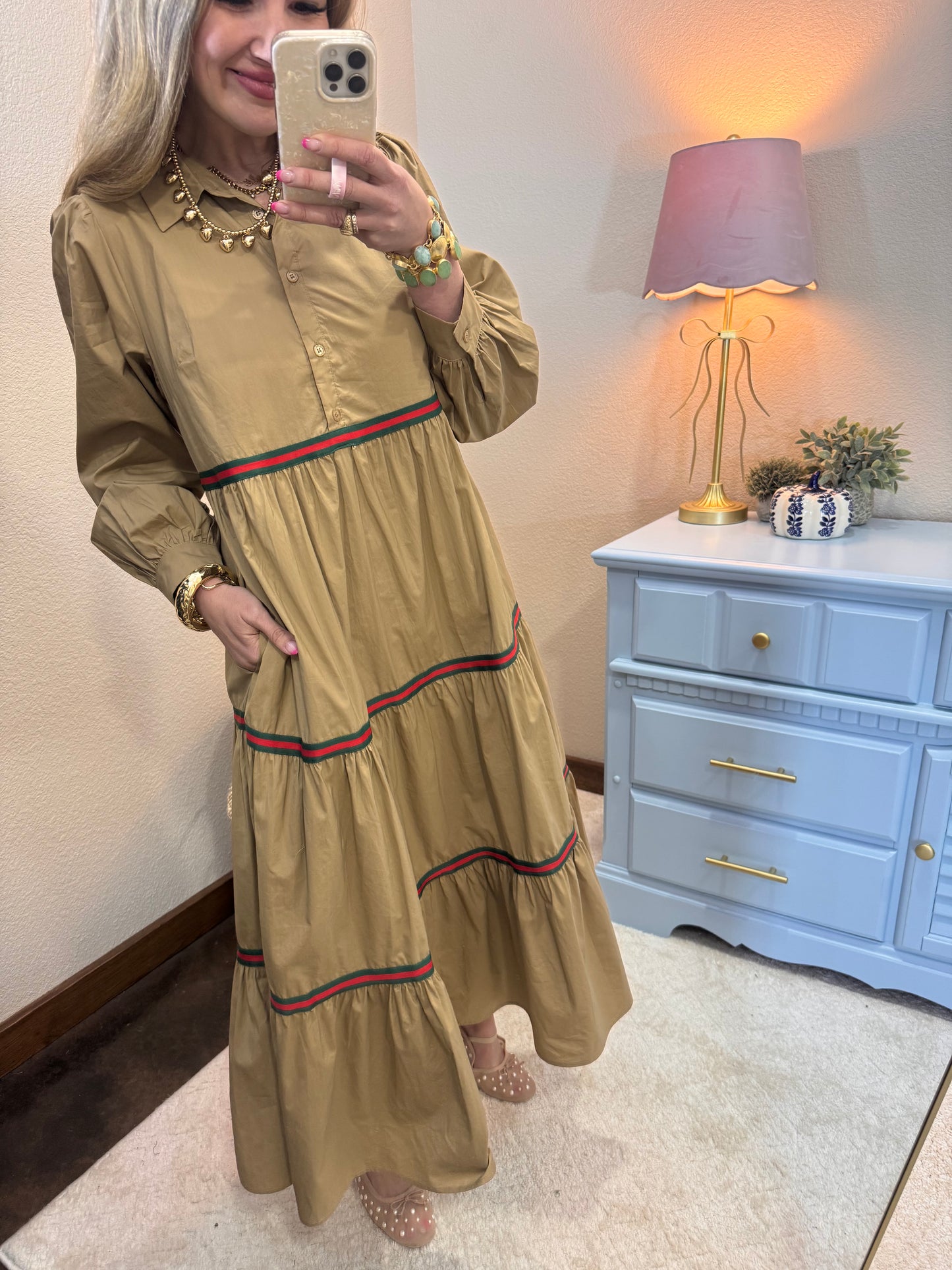 Taupe Stripe Trim Accent Tiered Midi Dress