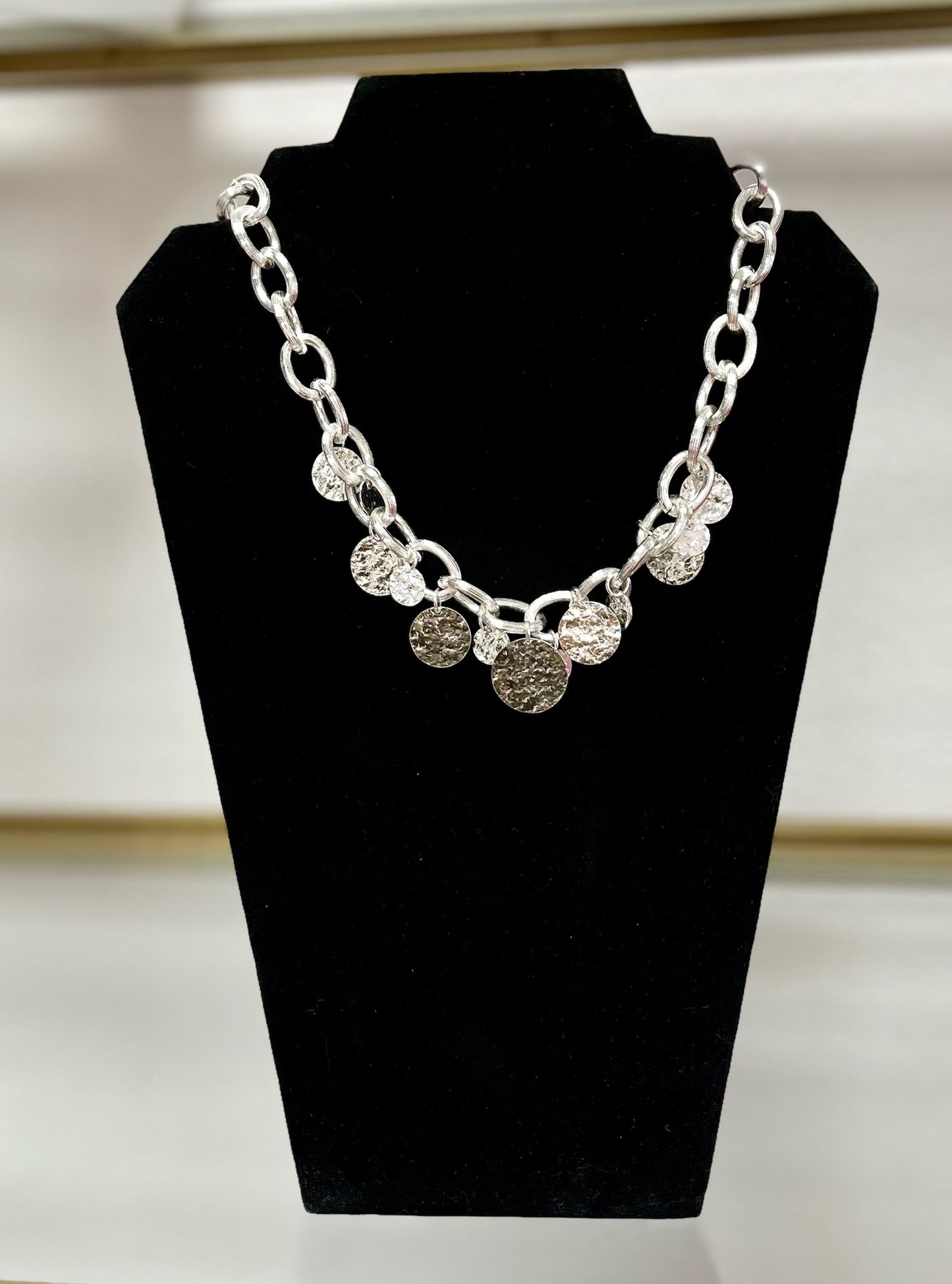 Textured Circle Charm Necklace (silver and gold)