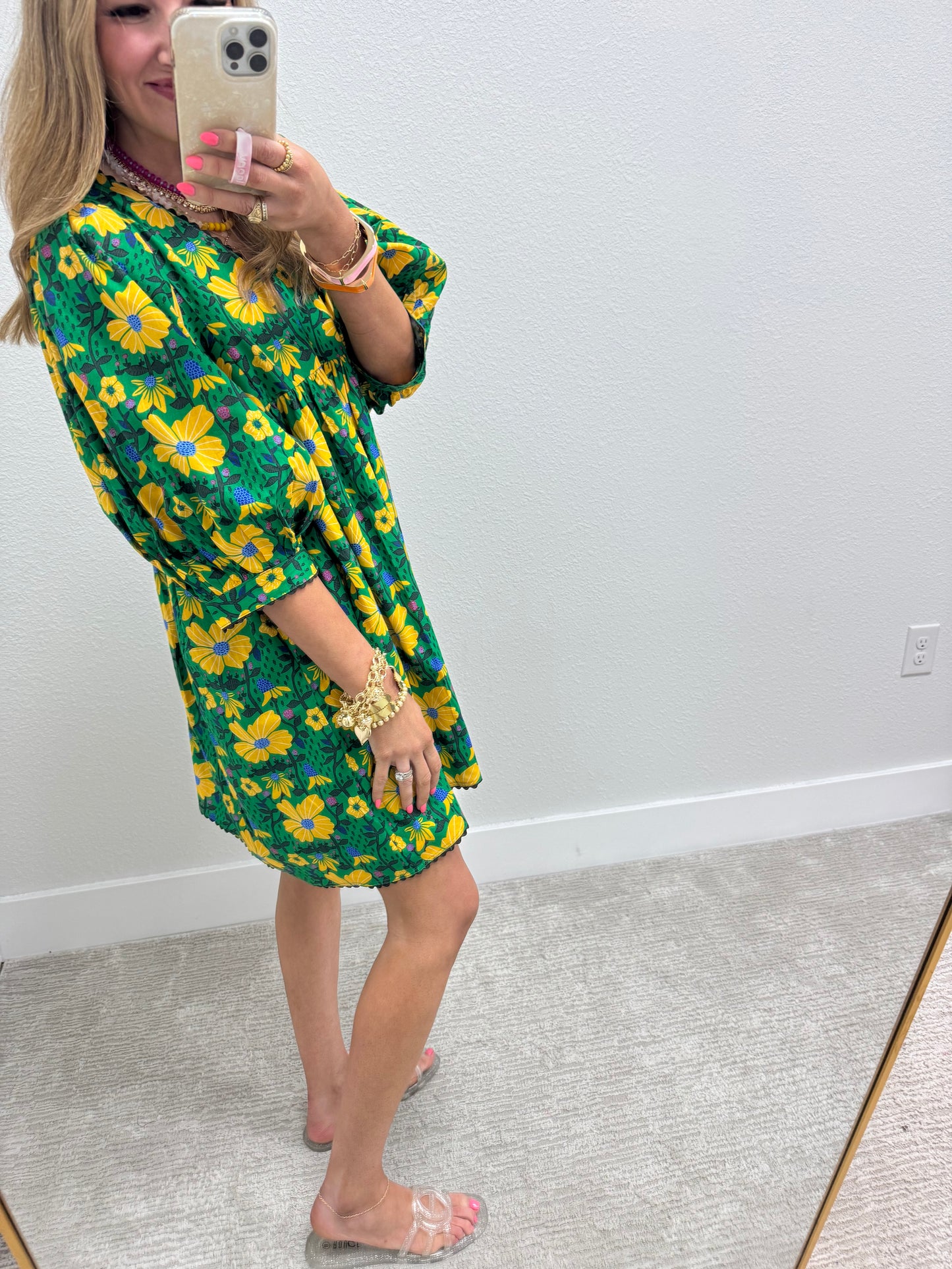 Floral Yellow And Green Print Puff Sleeve Dress