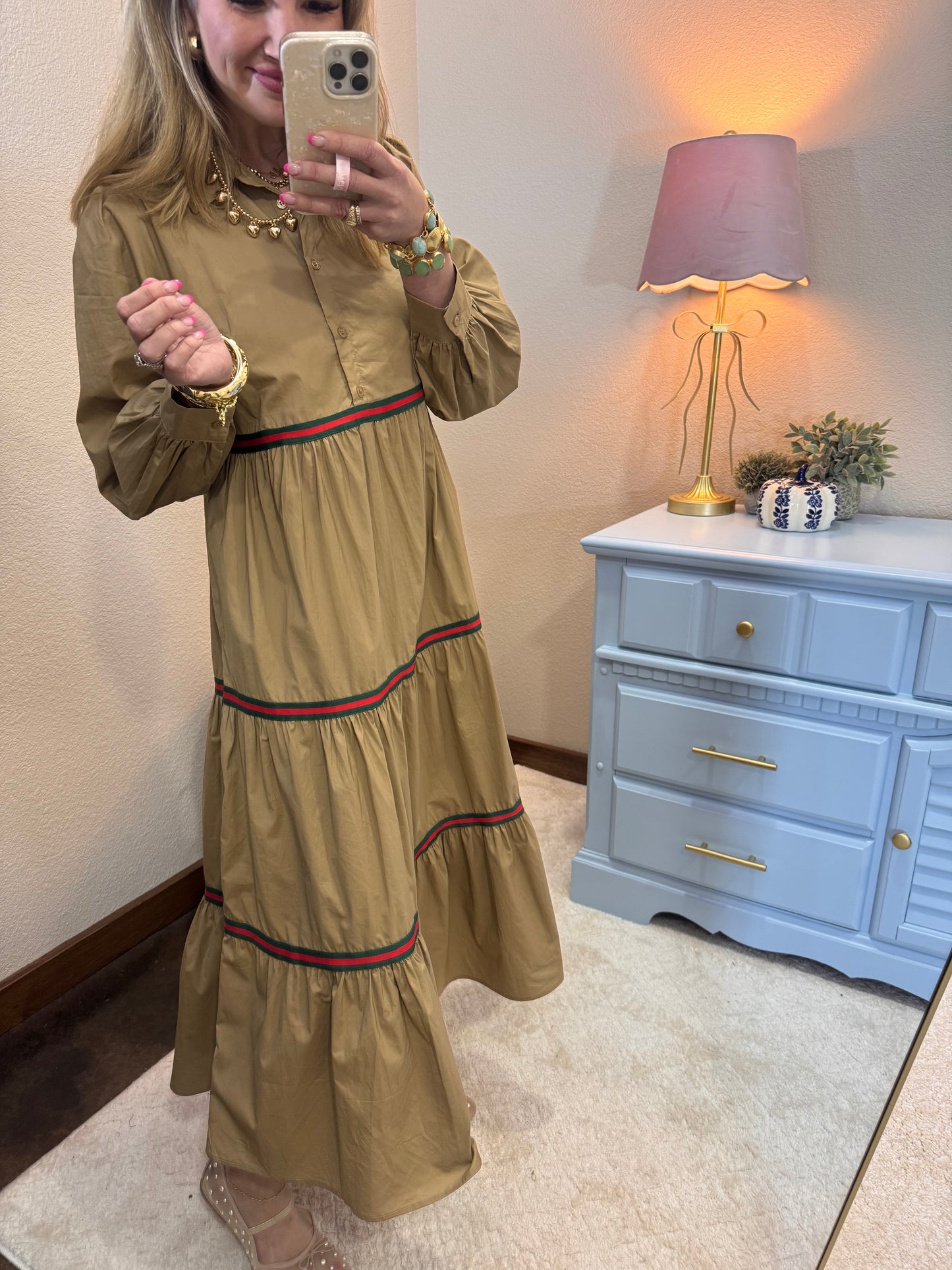 Taupe Stripe Trim Accent Tiered Midi Dress