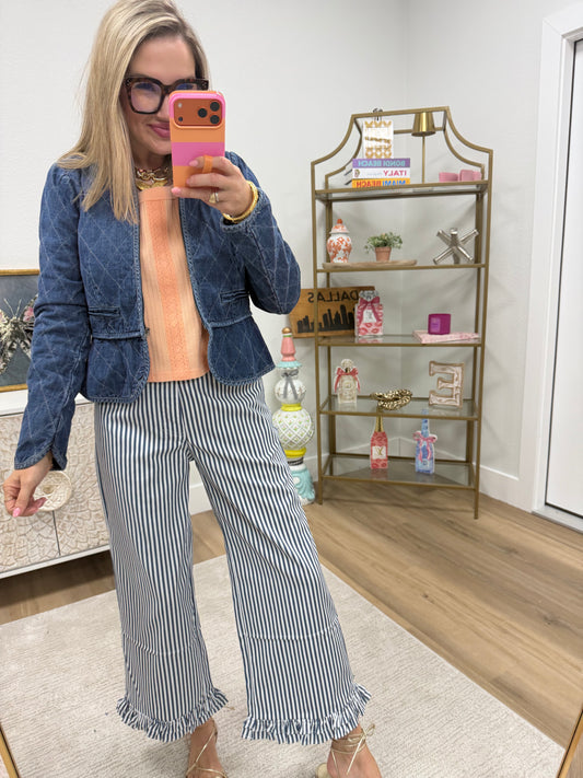 Navy Ruffle Hem Accent Stripe Casual Pants