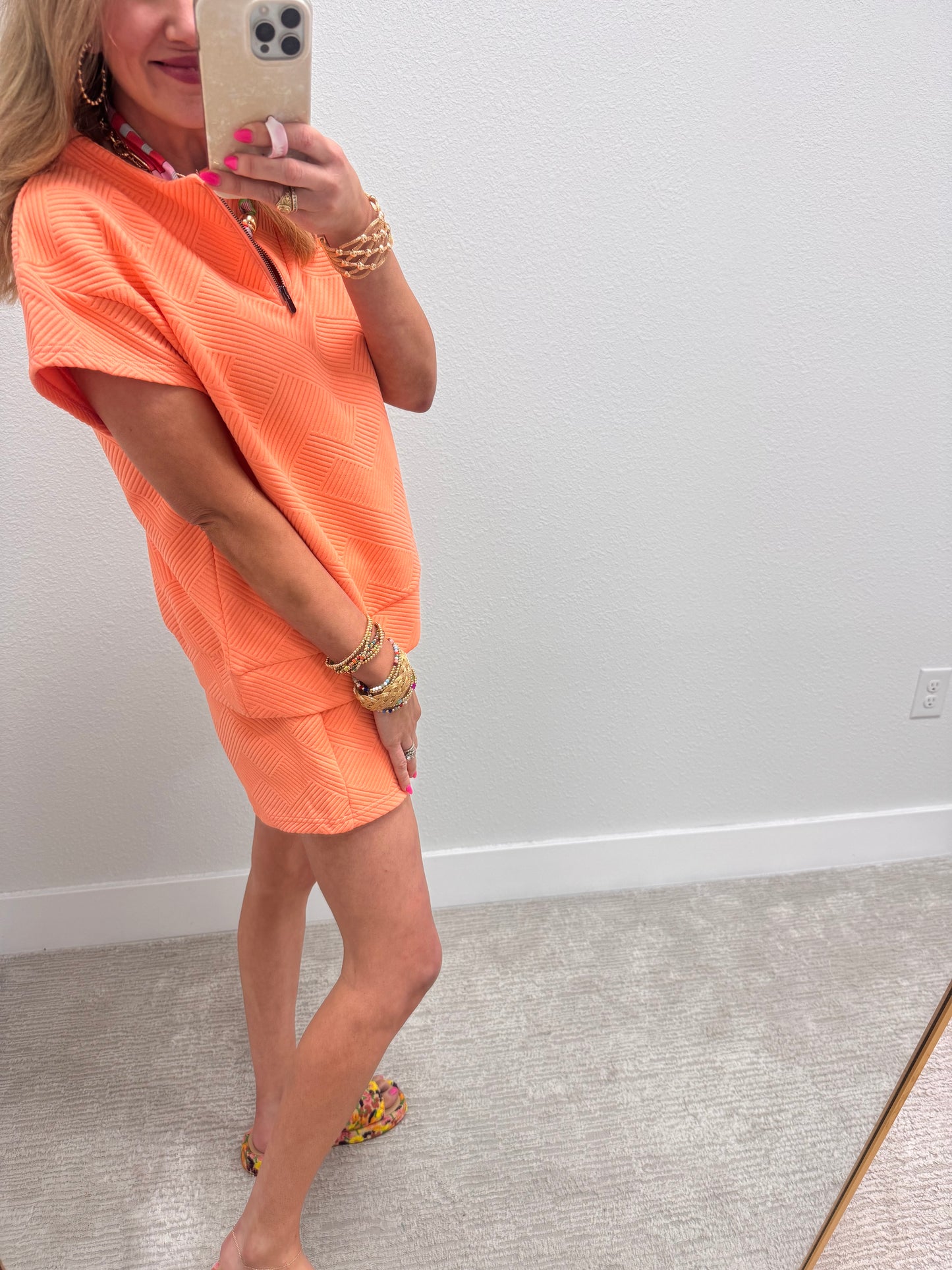 Coral Textured Half Zip Two Piece Short Set