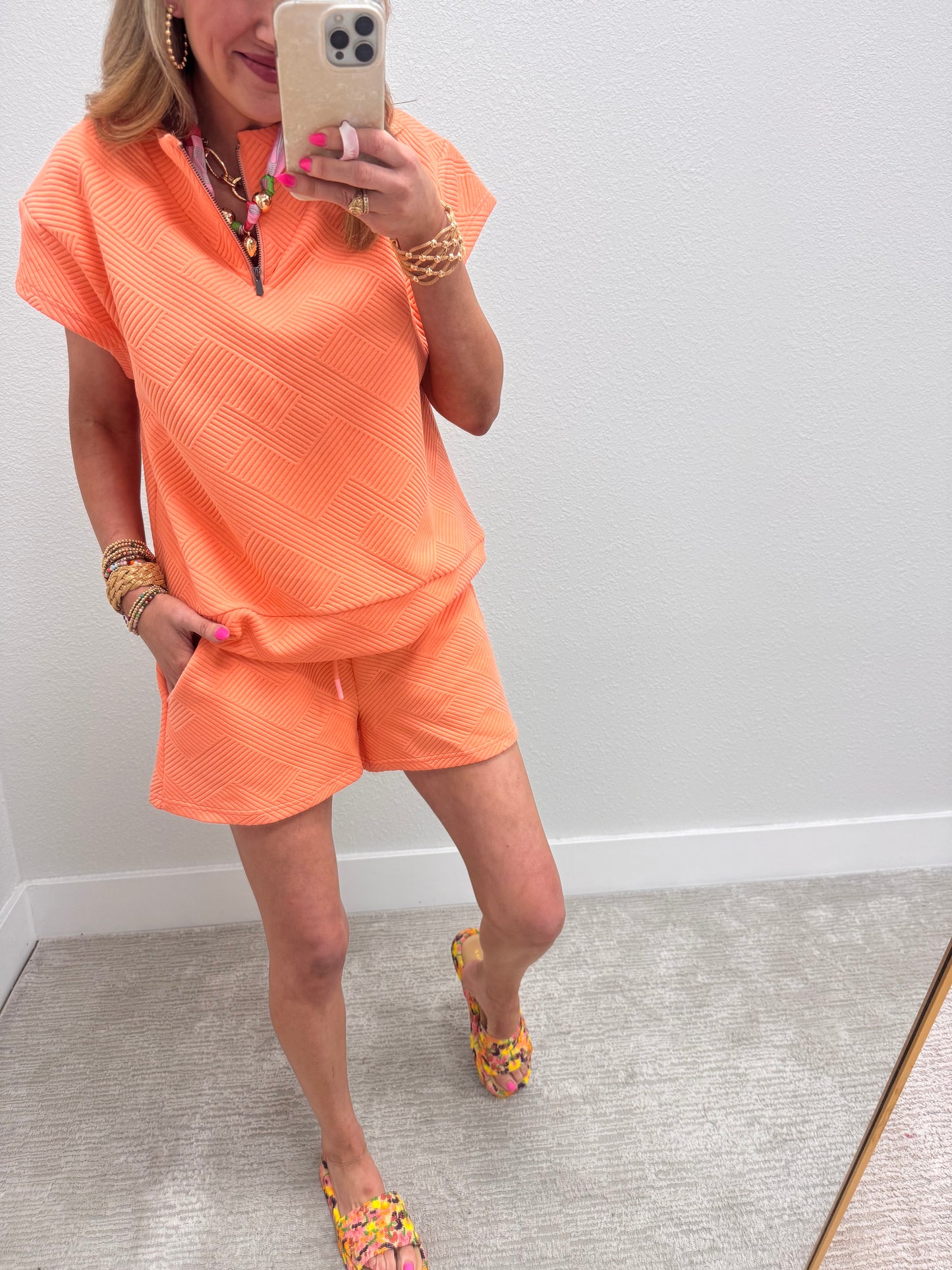 Coral Textured Half Zip Two Piece Short Set
