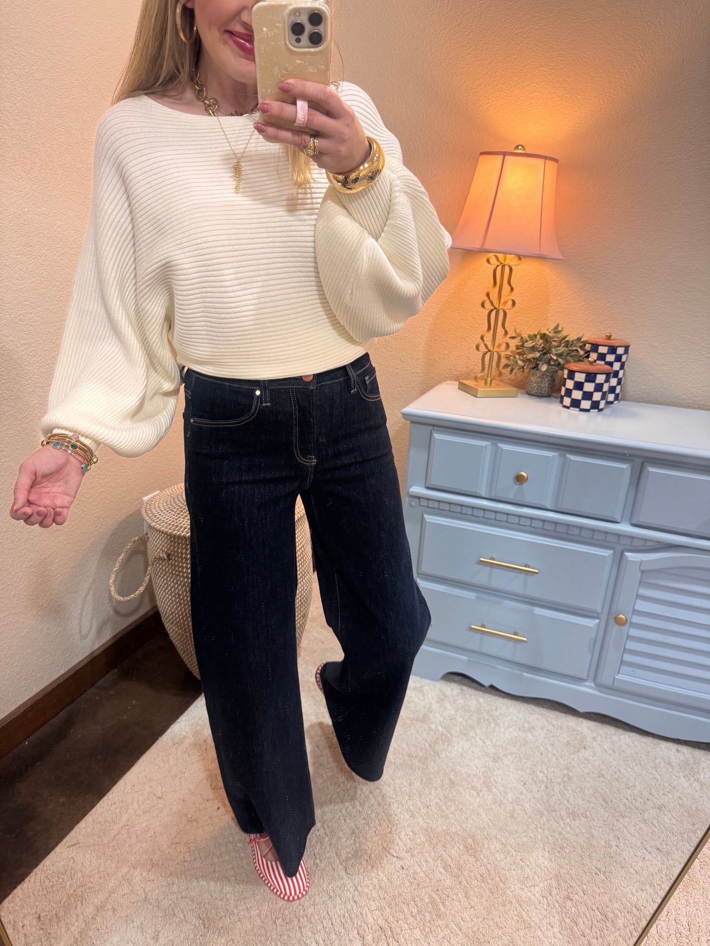 Cream Ribbed Balloon Sleeve Sweater