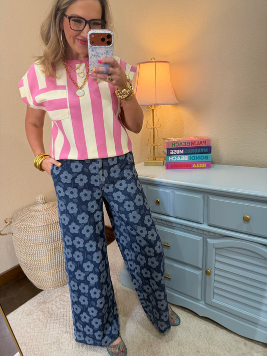 Pink and Cream Strip Round Neck Pocket Top