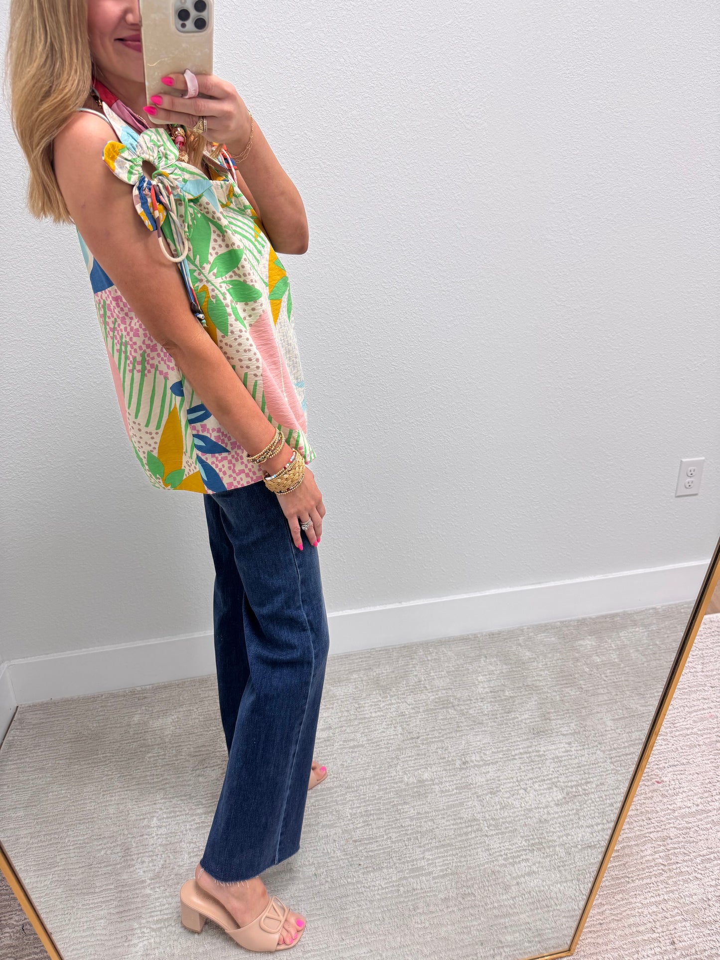 Ivory Tropical Printed Sleeveless With 3D Flower Detail Strap