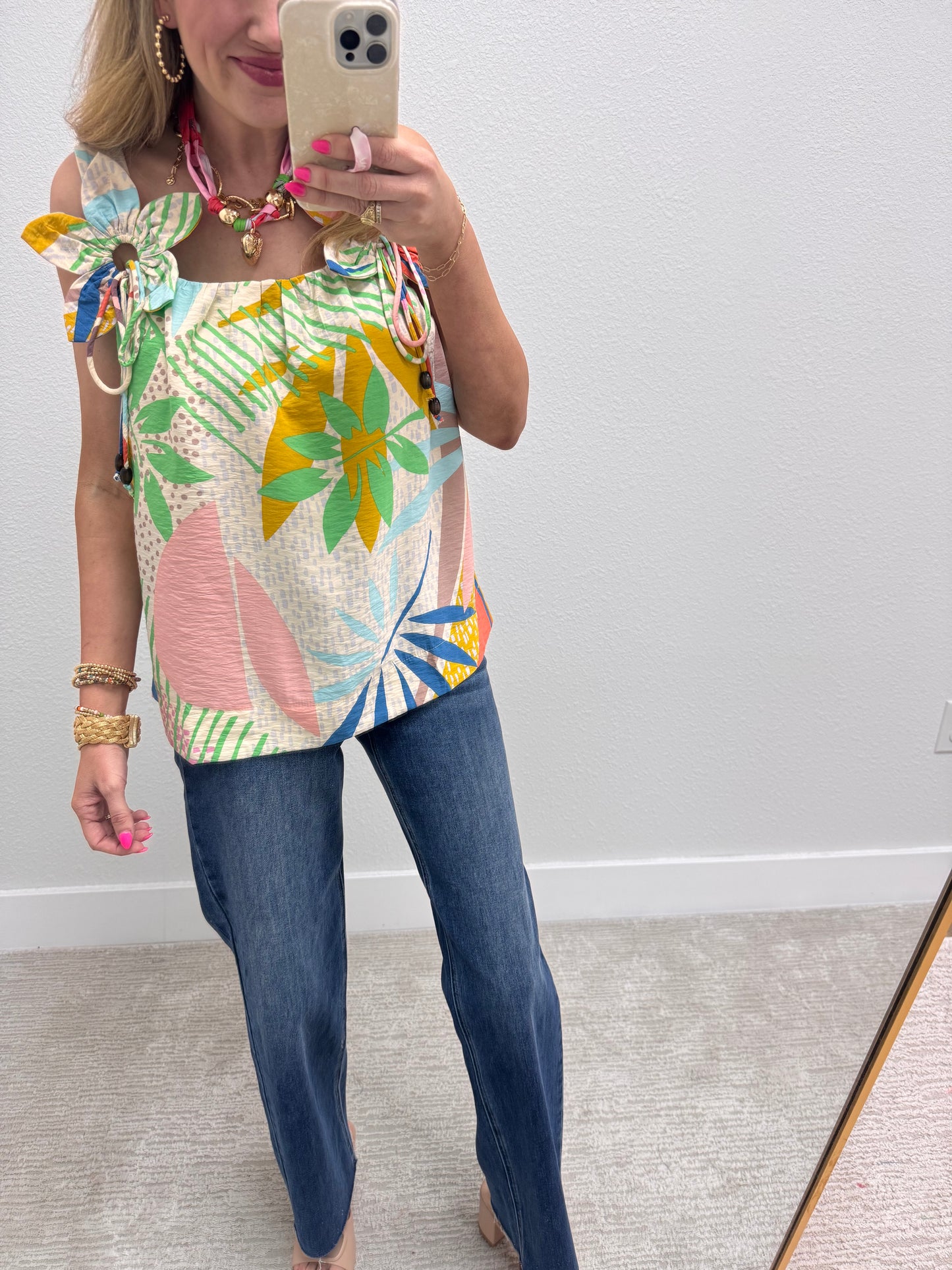 Ivory Tropical Printed Sleeveless With 3D Flower Detail Strap