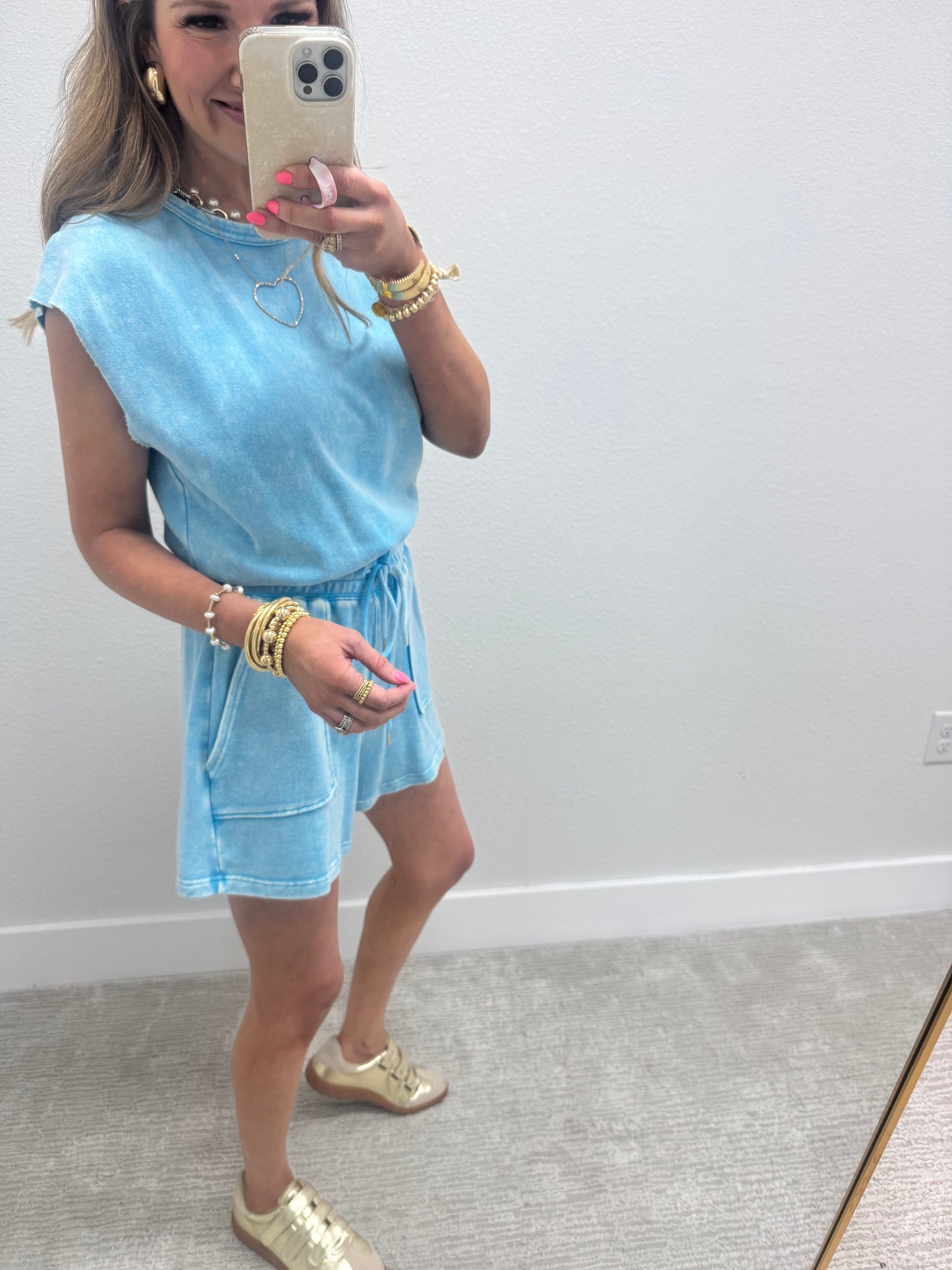 Turquoise Washed Drawstring Waist Romper
