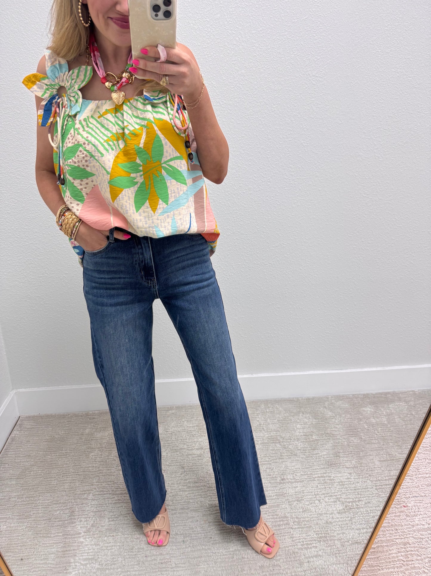 Ivory Tropical Printed Sleeveless With 3D Flower Detail Strap