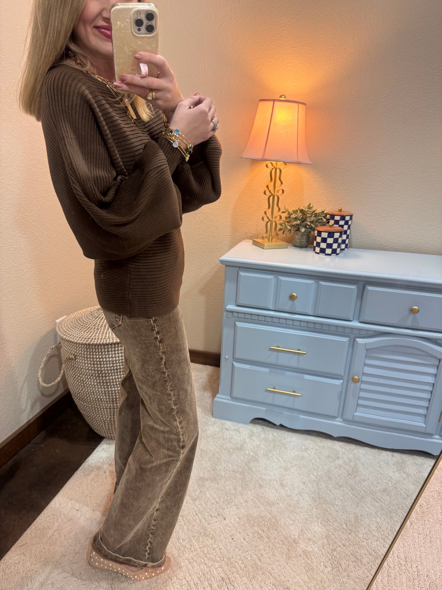 Brown Ribbed Balloon Sleeve Sweater