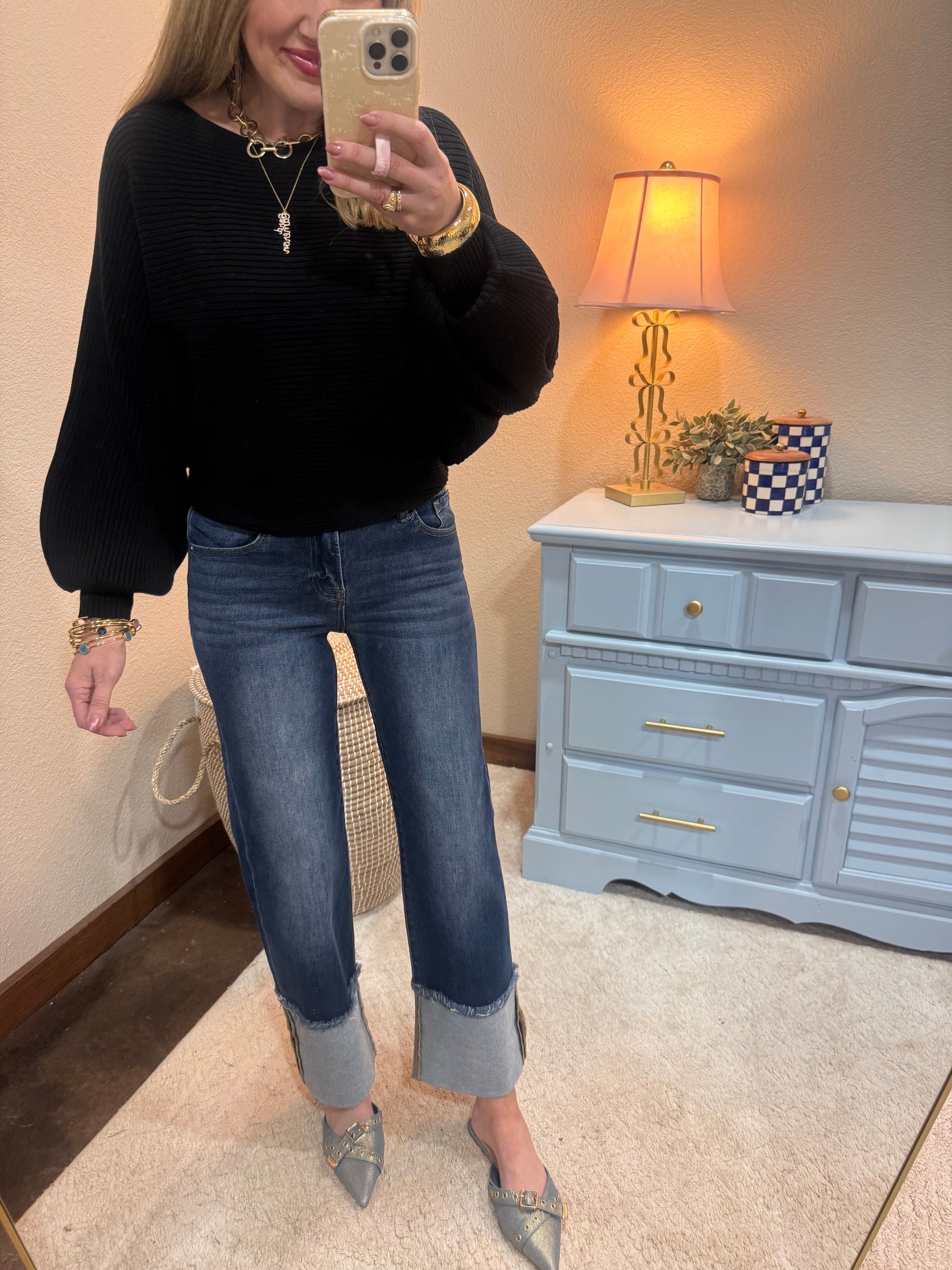 Black Ribbed Balloon Sleeve Sweater