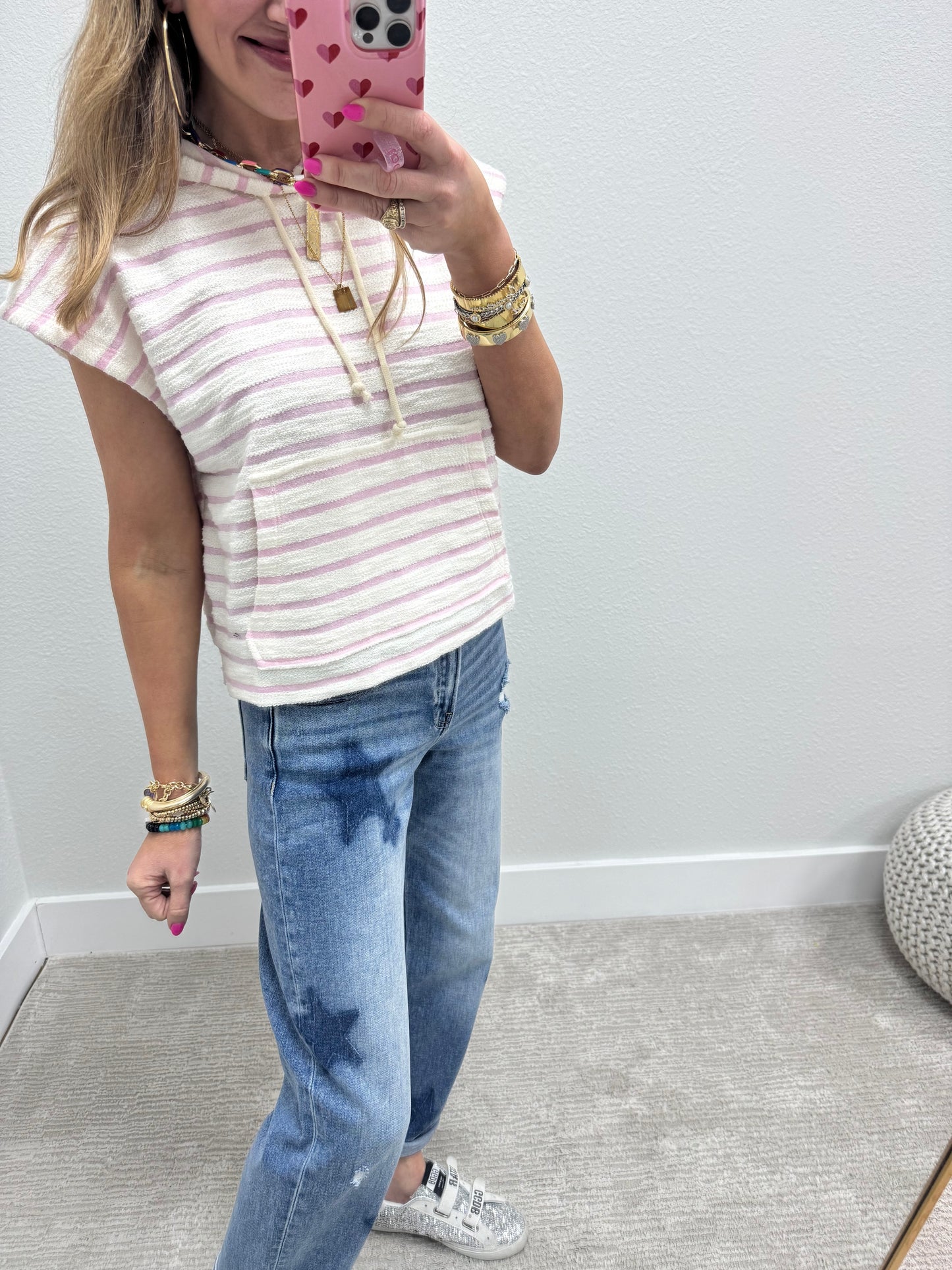 Pink and Cream French Terry Style Striped Hooded Top