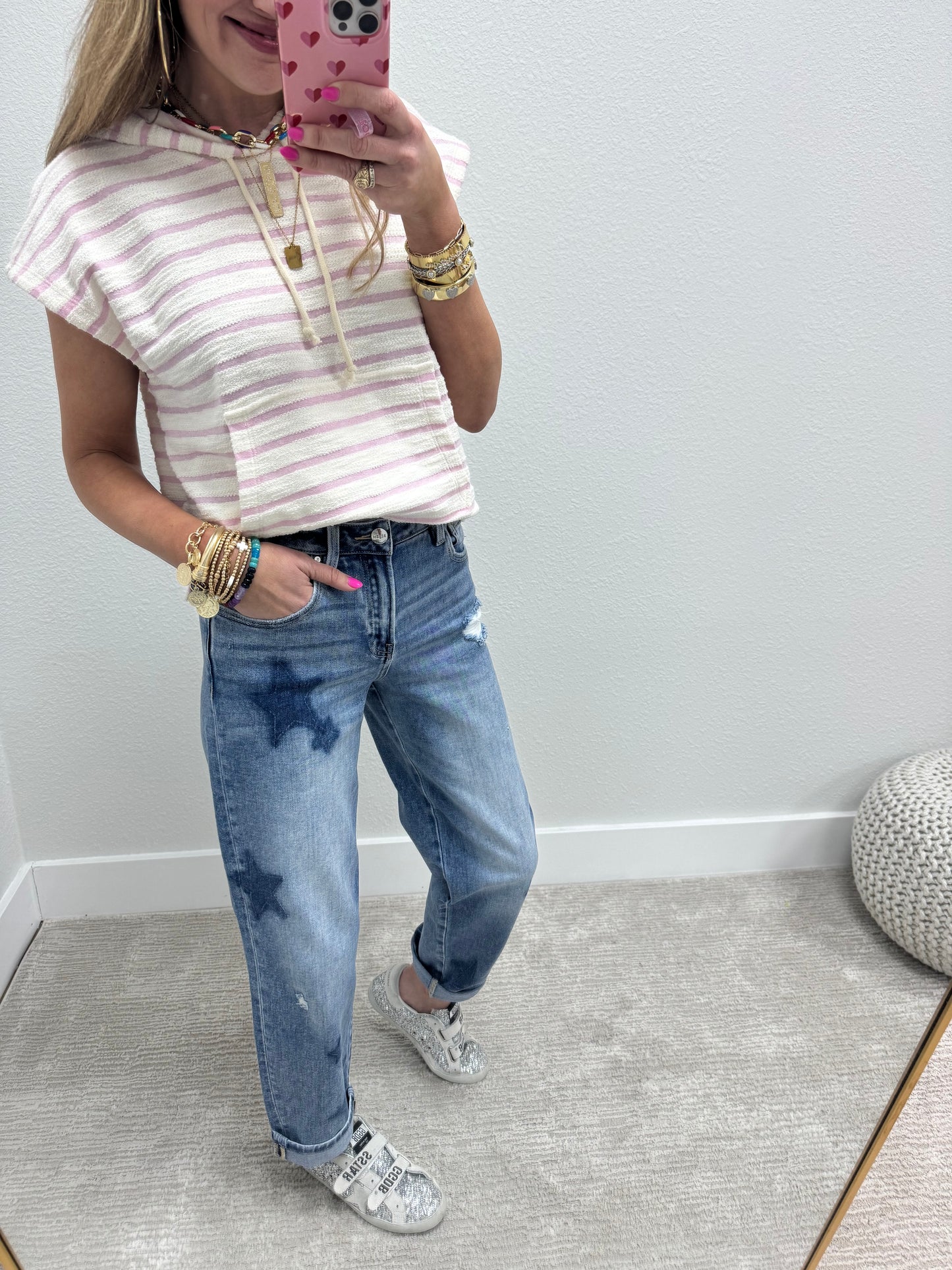 Pink and Cream French Terry Style Striped Hooded Top