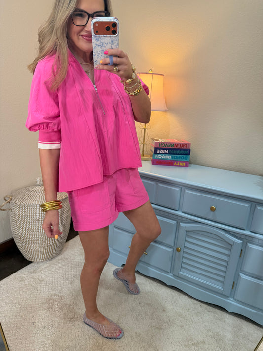 Hot Pink Mock Neck Band Puff Sleeve Blouse