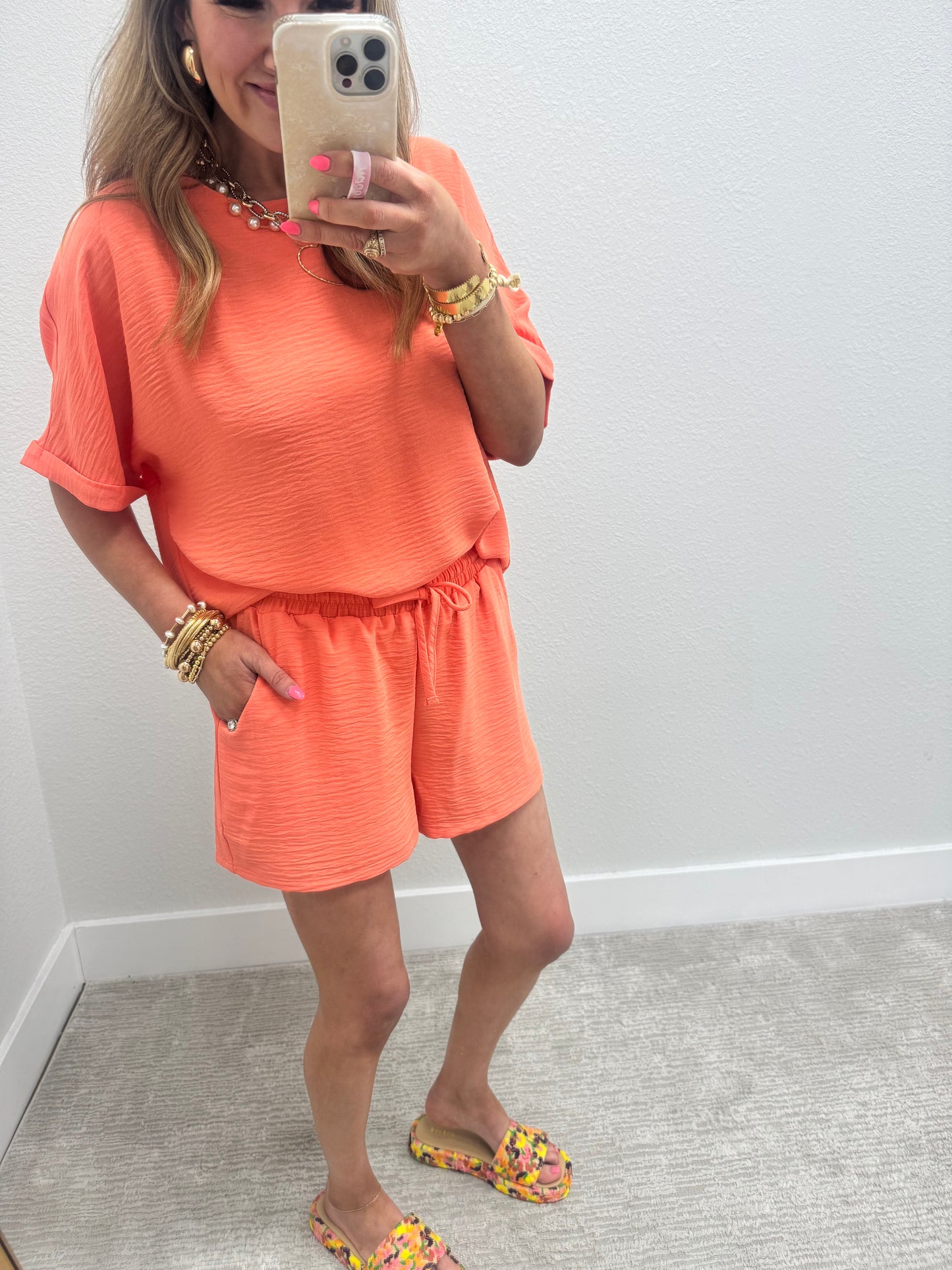 Coral Poly Two Piece Short Set