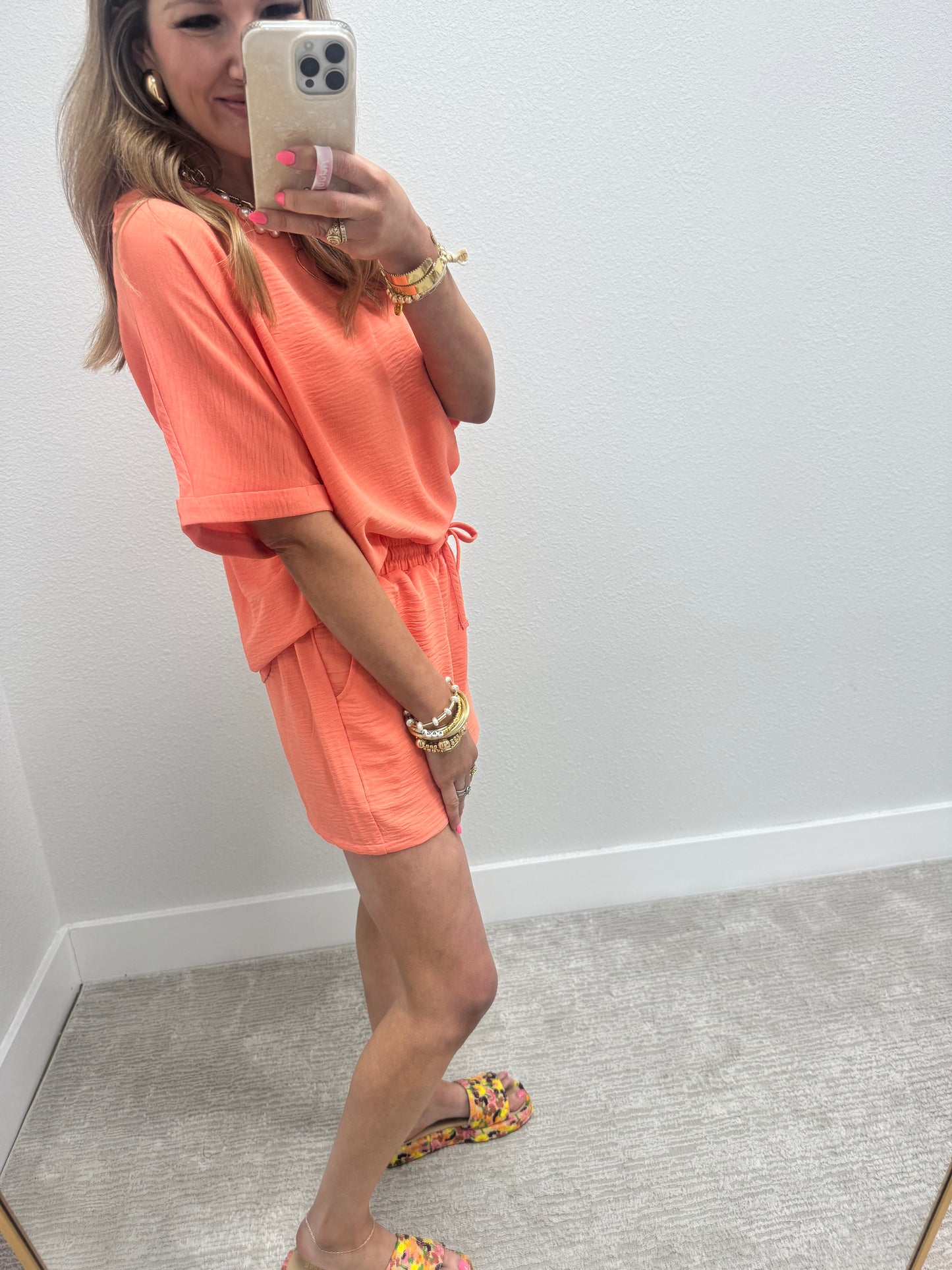 Coral Poly Two Piece Short Set