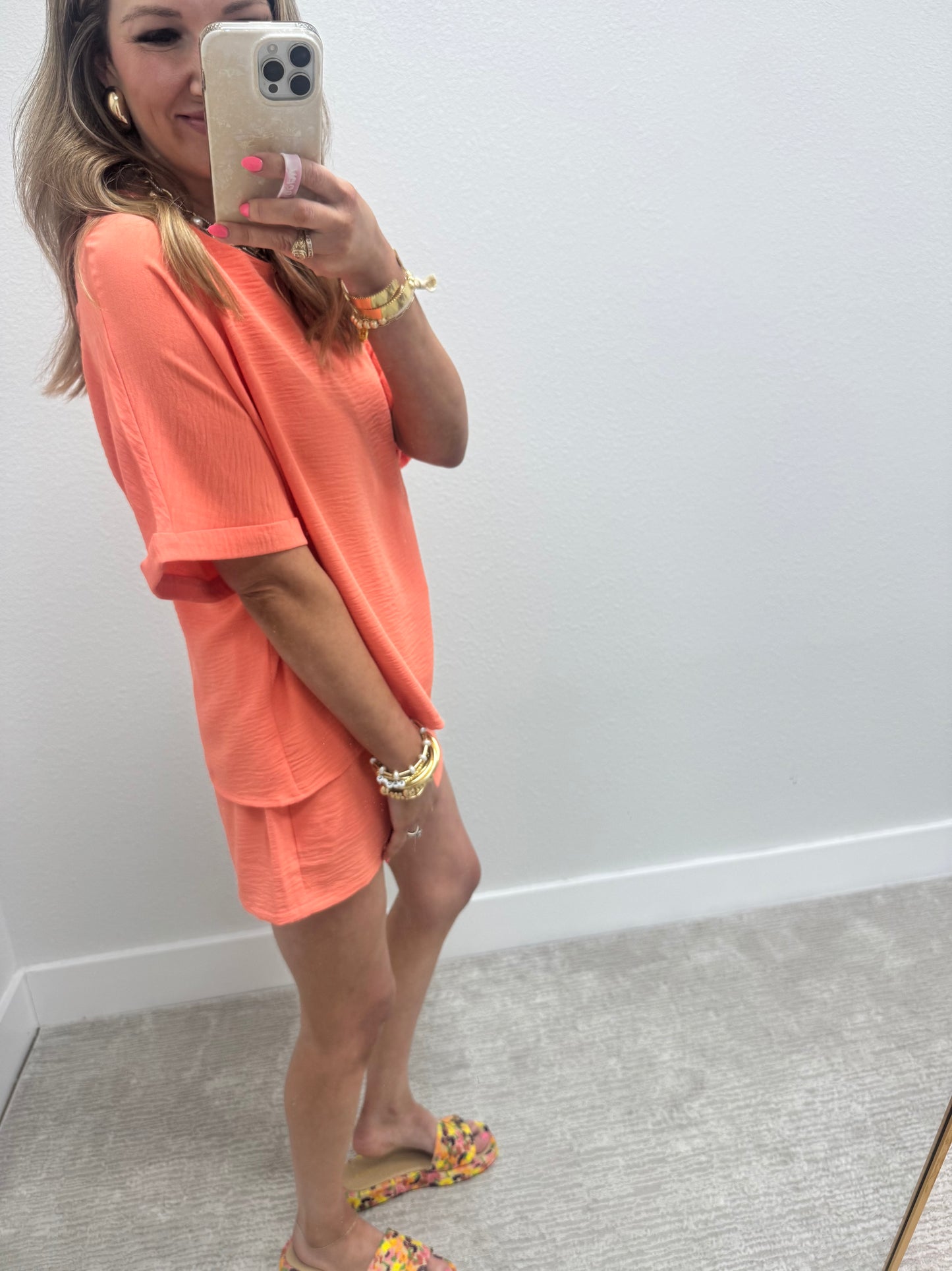Coral Poly Two Piece Short Set