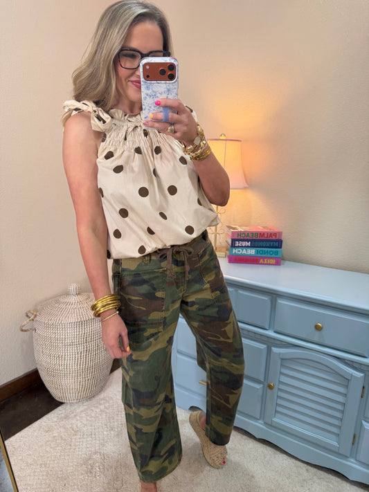 Brown Tie Strap Smocked Polka Dot Top