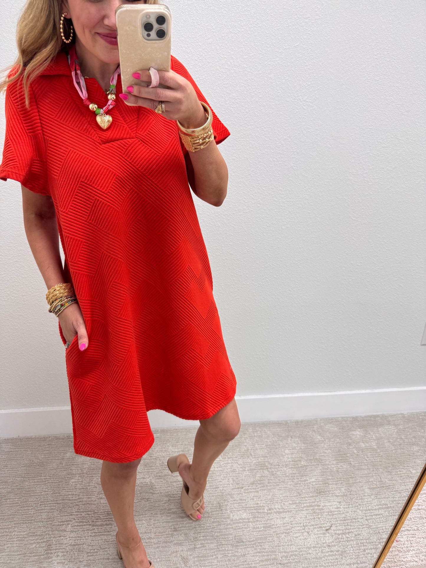 Tangerine Collared Textured Dress