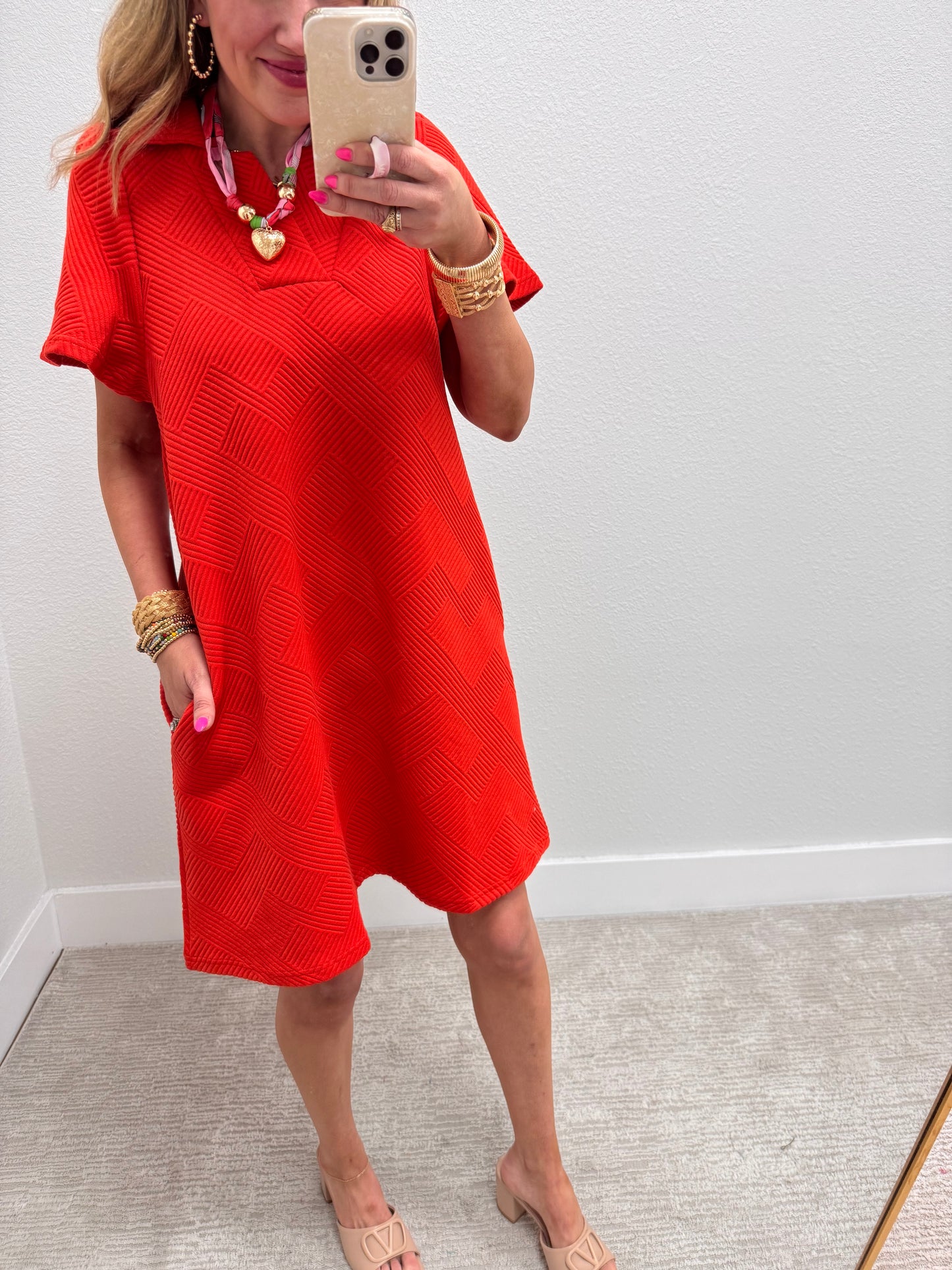 Tangerine Collared Textured Dress