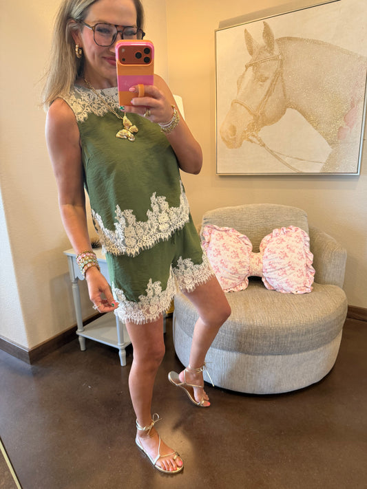 Olive Lace Shorts Set