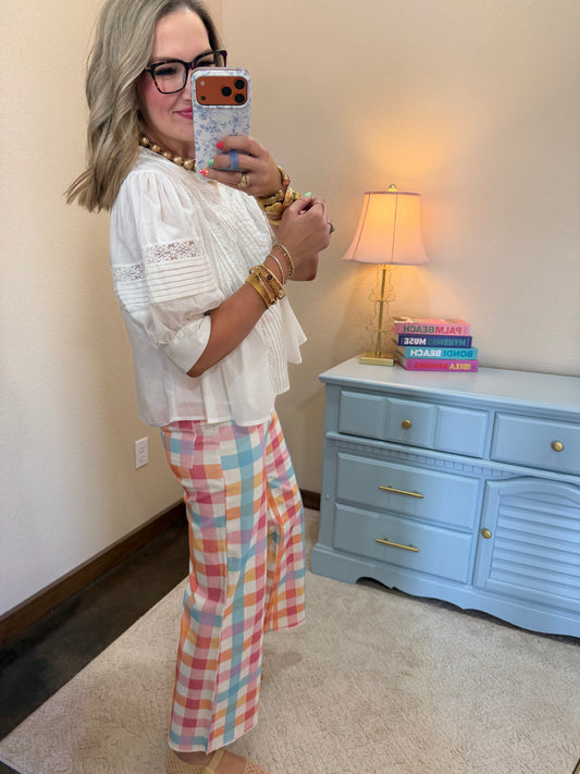 Multi Colored Plaid Comfort Stretch Wide Leg Jean