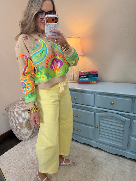 Light Yellow Mineral Washed Eyelet Cotton Belt Barrel Jean