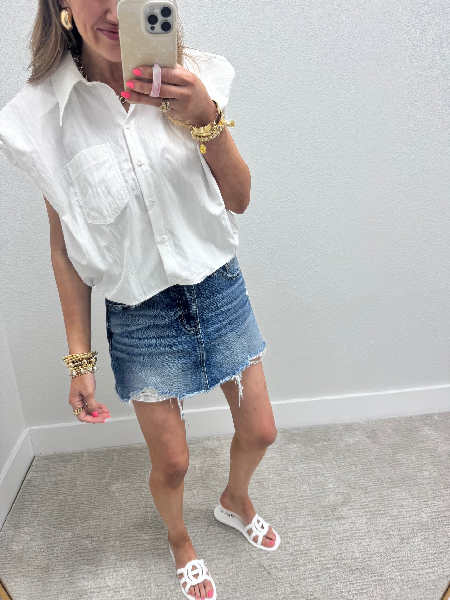 White Windbreaker Style Puff Sleeve Top