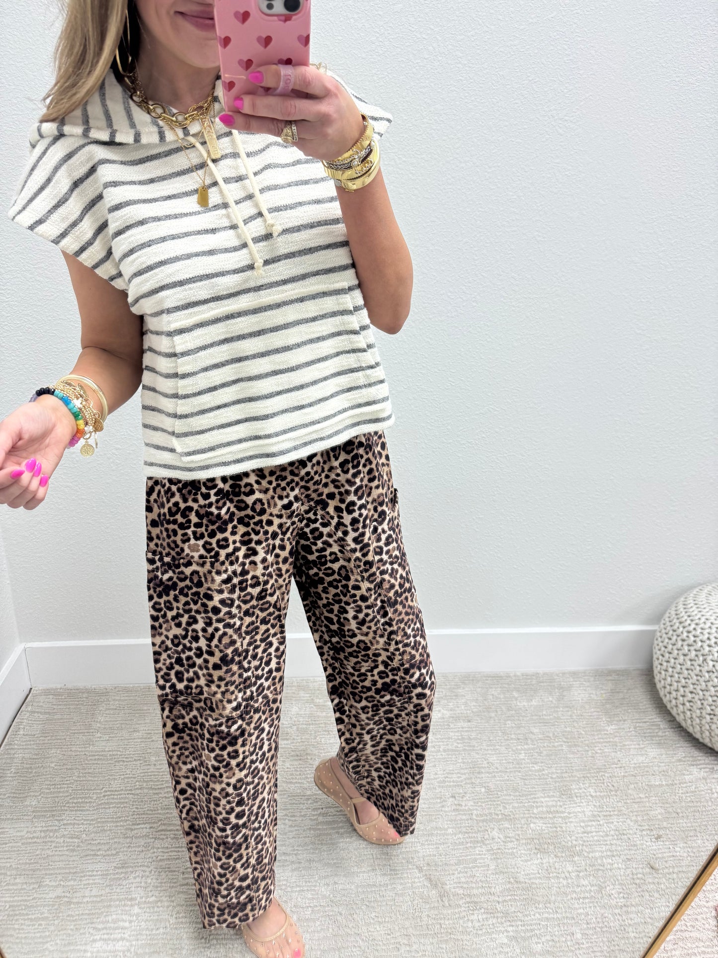 Black and Cream French Terry Style Striped Hooded Top