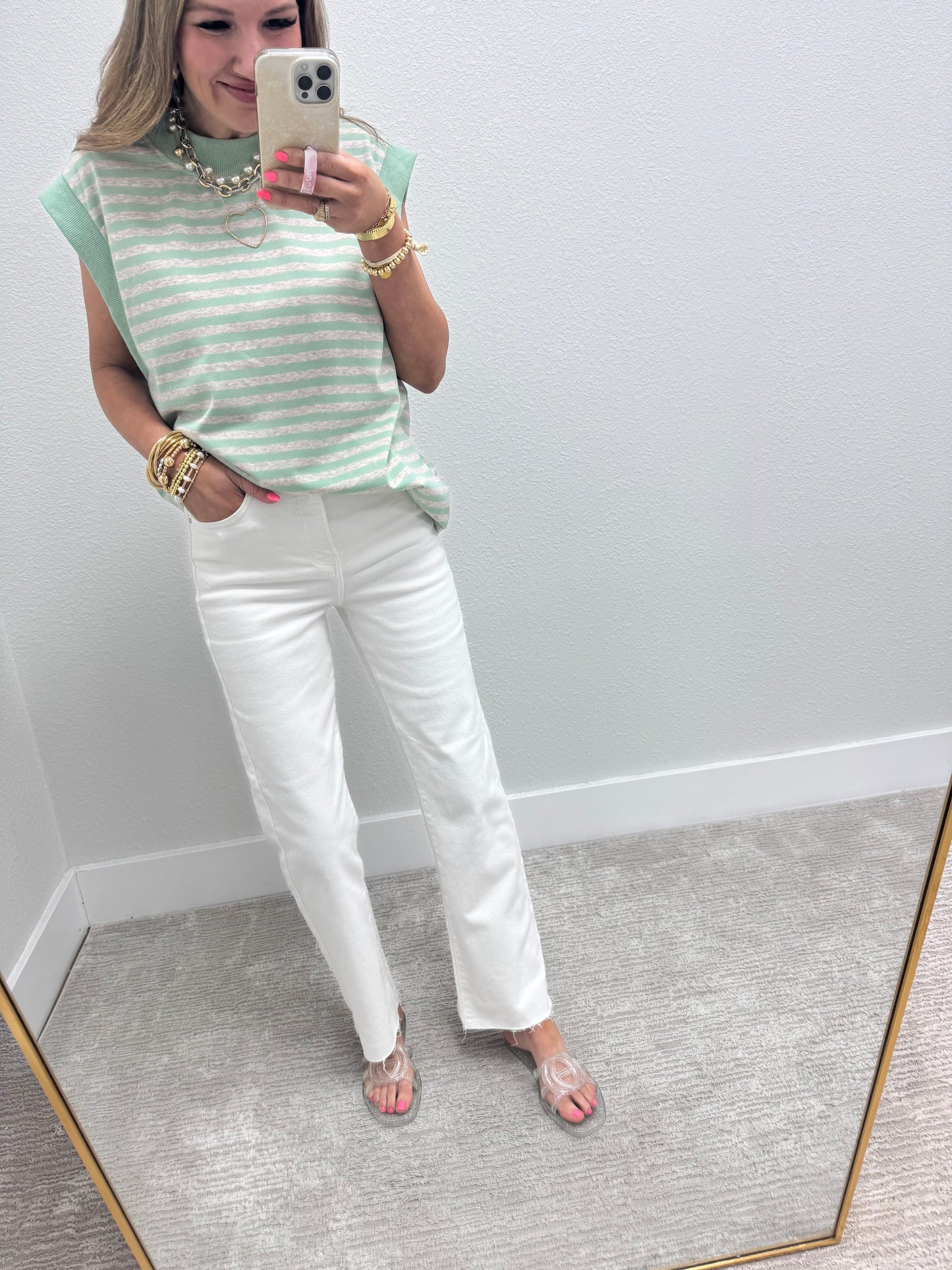 Mint and Grey Striped Cap Sleeve Shirt