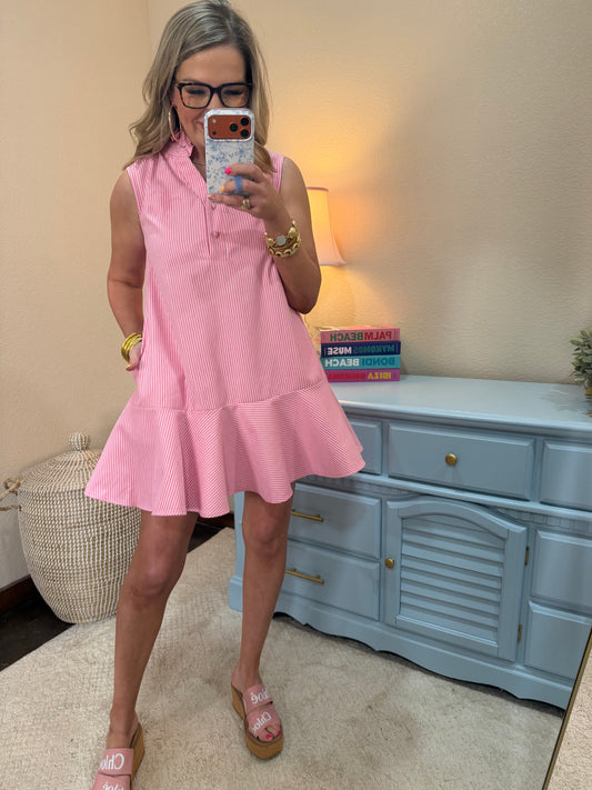 Pink Ruffle Neck Sleeveless Mini Dress