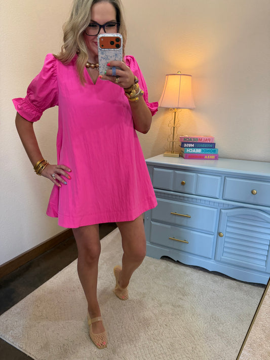 Hot Pink With Ruffle V Neck Puff Sleeve Tie Bow Mini Dress