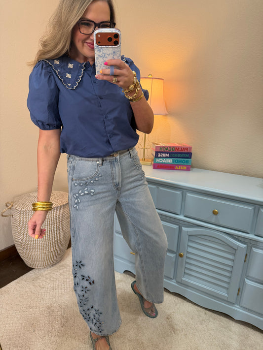 Navy Blue Puff Sleeve Embroidery Peter Pan Collar Poplin Blouse