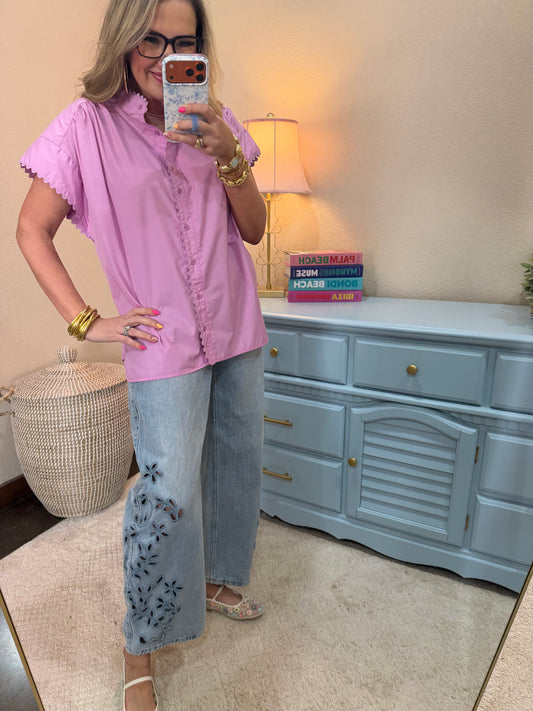 Mauve Scalloped Cap Sleeve Button Top